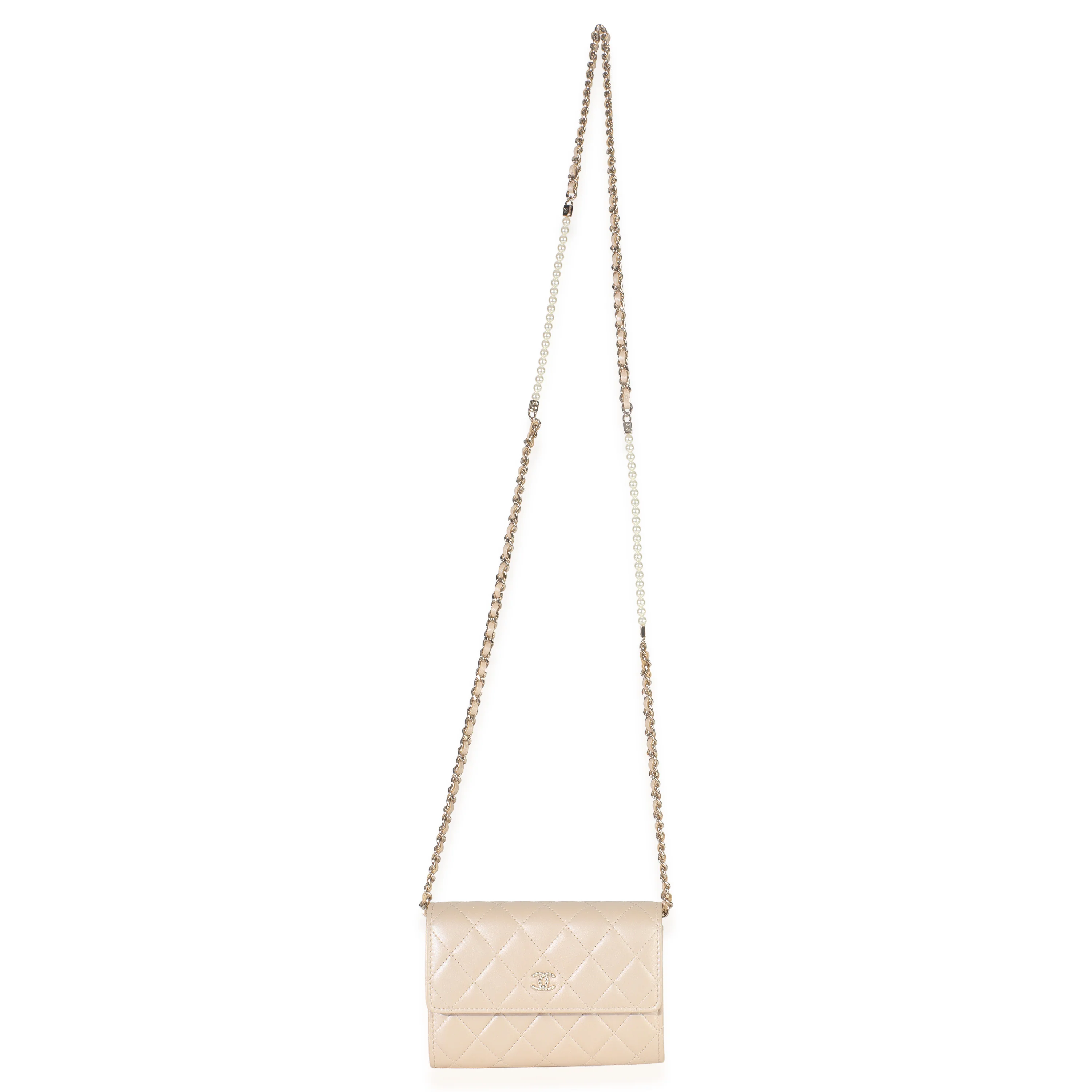 Beige Iridescent Quilted Lambskin Paris Hamburg Pearl Clutch With Chain - Image 7