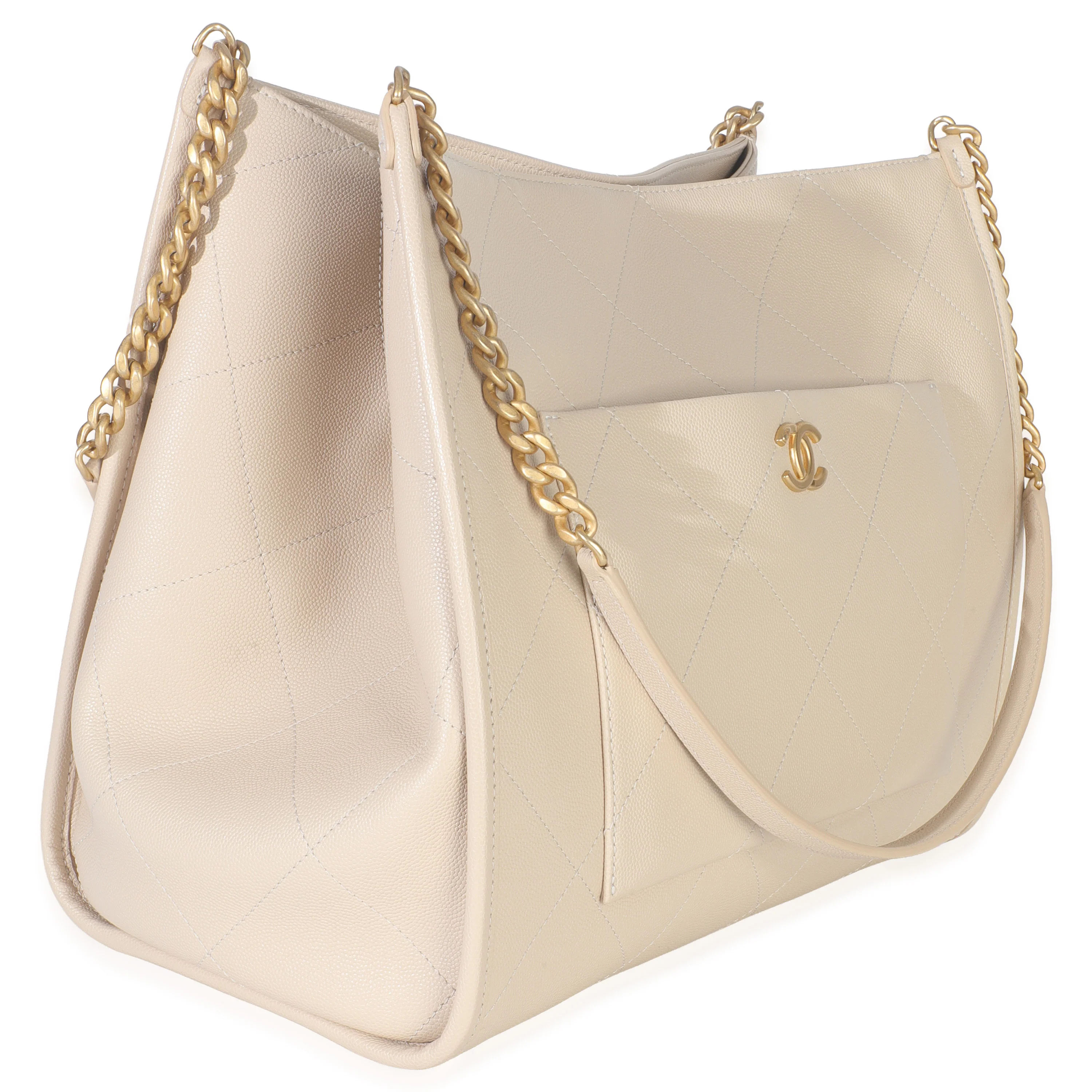 Beige Quilted Caviar Front Pocket CC Large Tote - Image 4