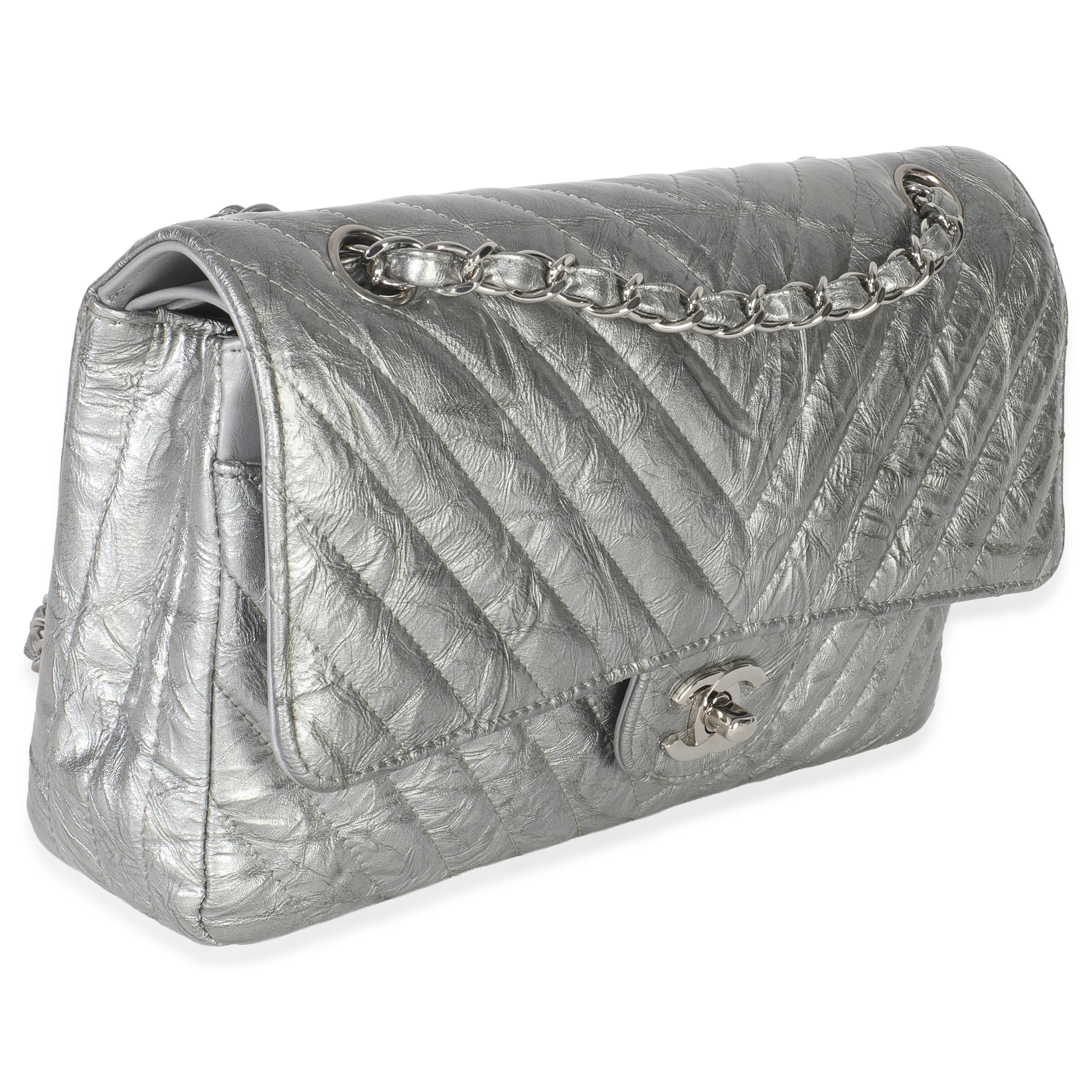 Silver Metallic Patent Crumpled Calfskin Chevron Medium Double Flap Bag - Image 3
