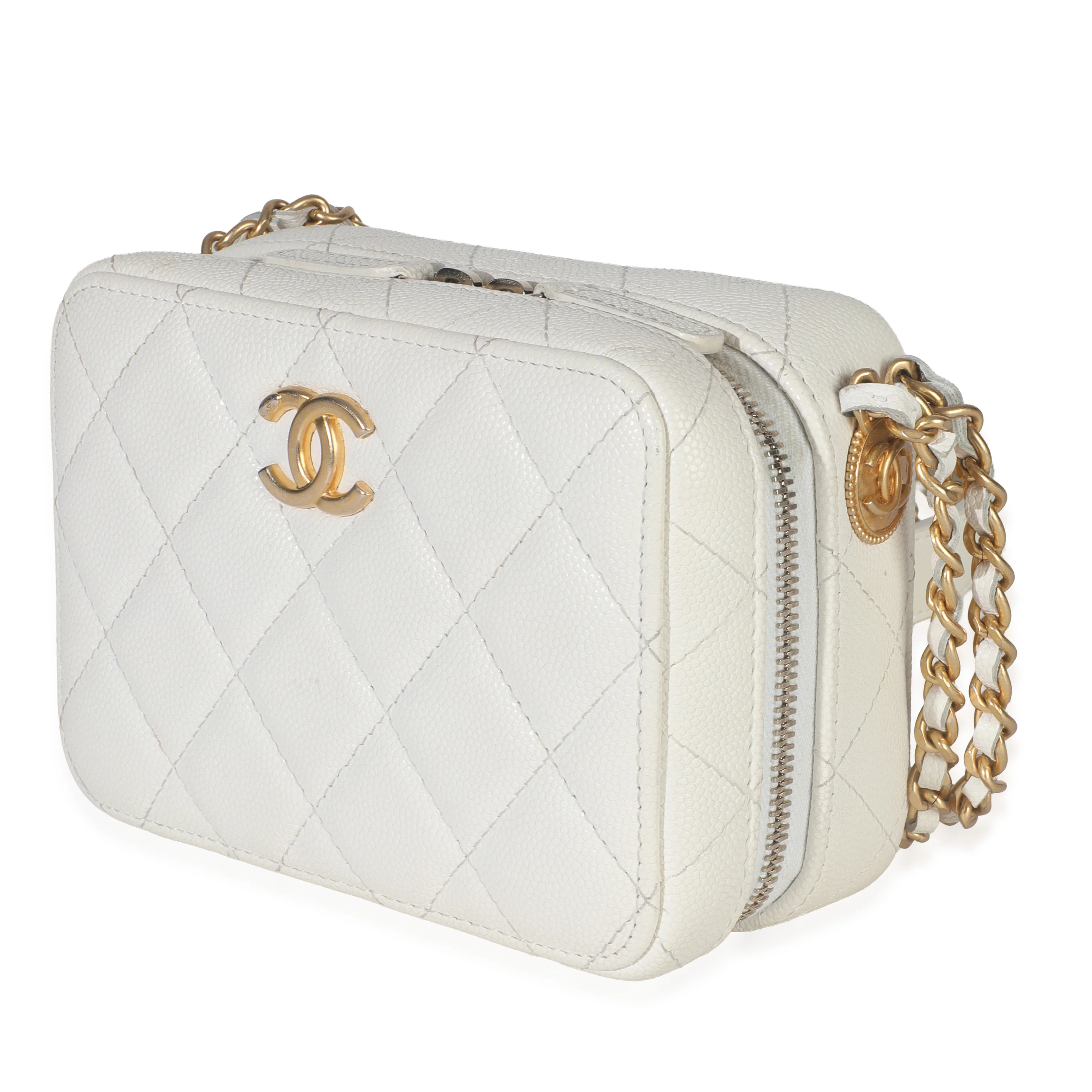 White Quilted Caviar Twist Your Buttons Handbag Clutch with Chain - Image 2