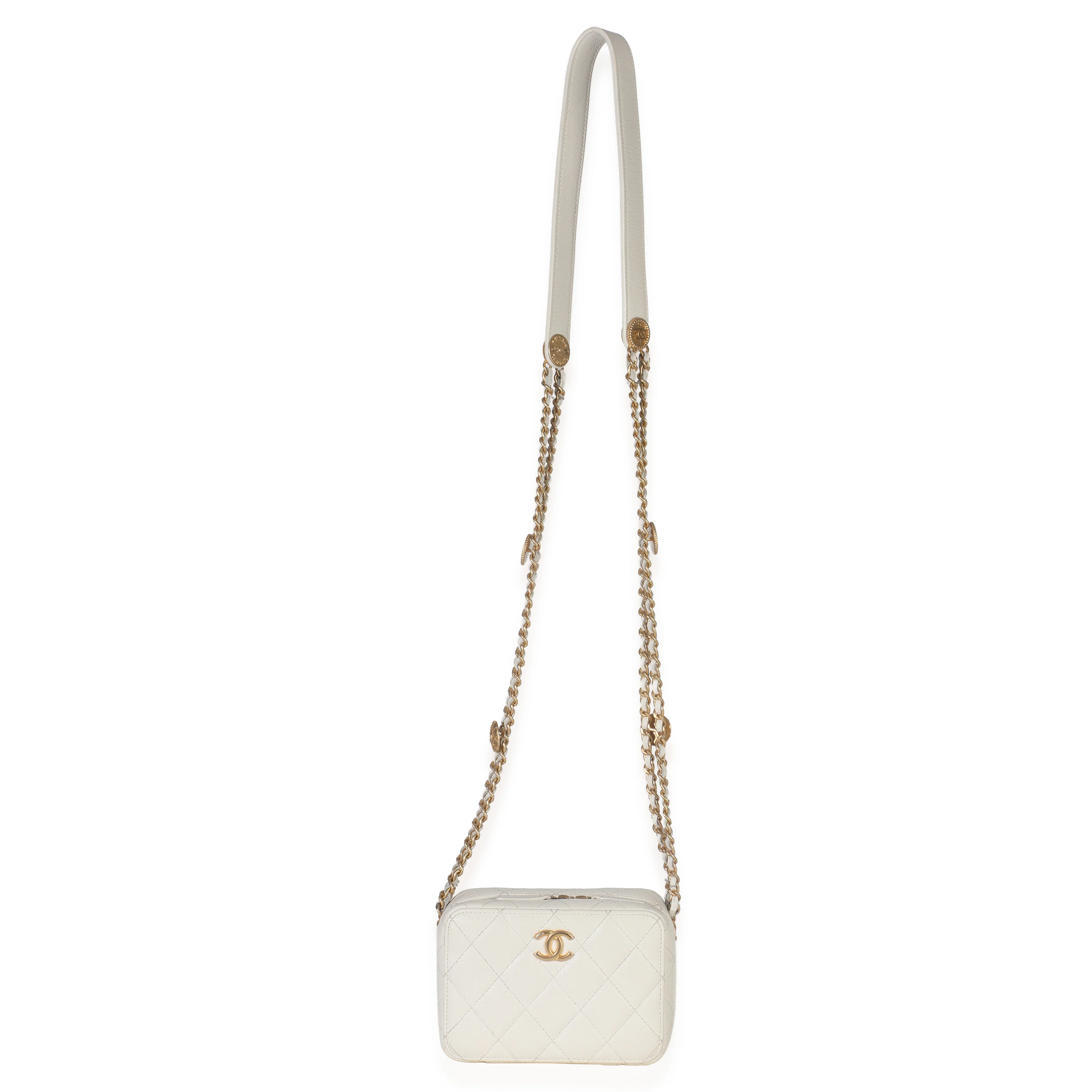White Quilted Caviar Twist Your Buttons Handbag Clutch with Chain - Image 8