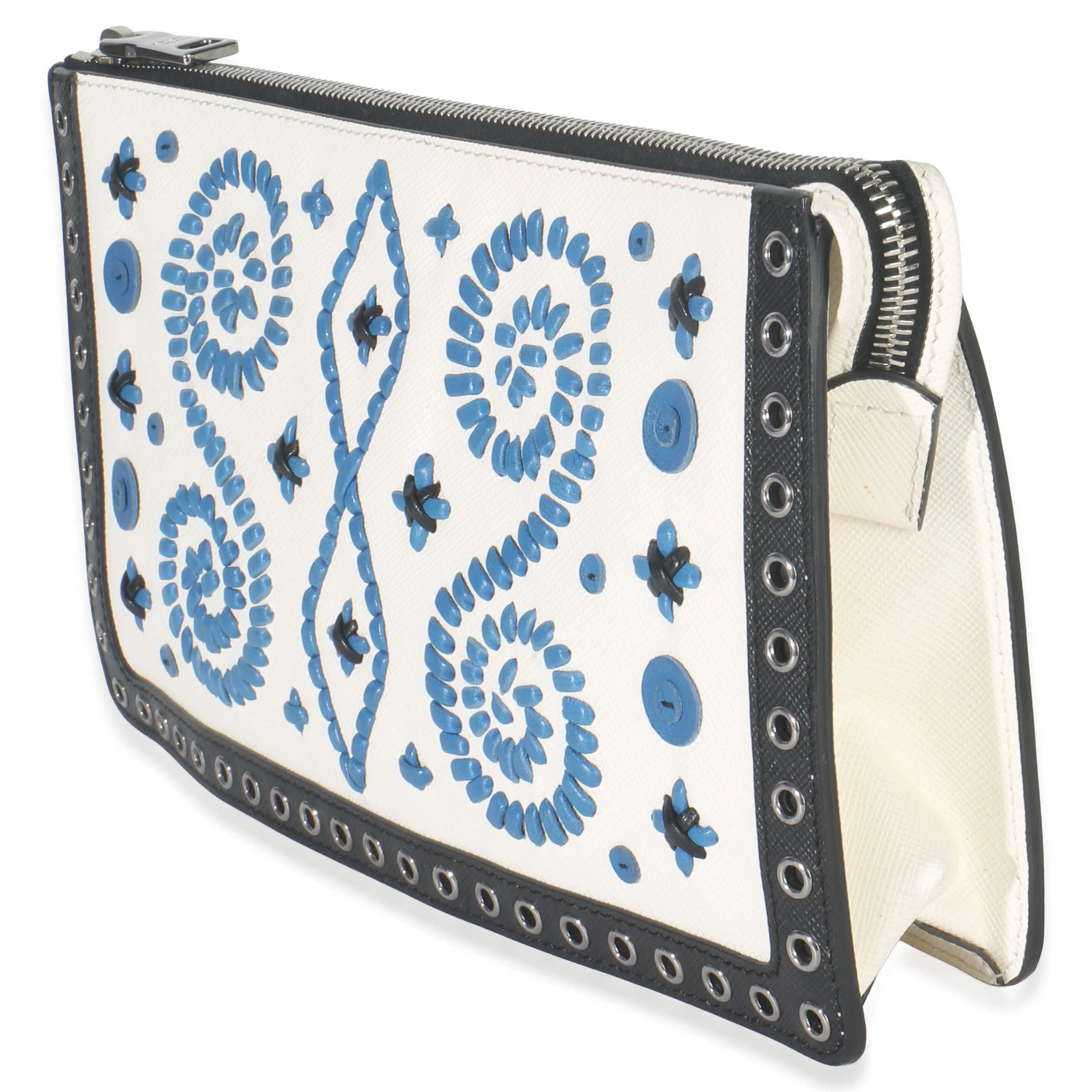White Black Saffiano Embroidered Eyelet Clutch - Image 2