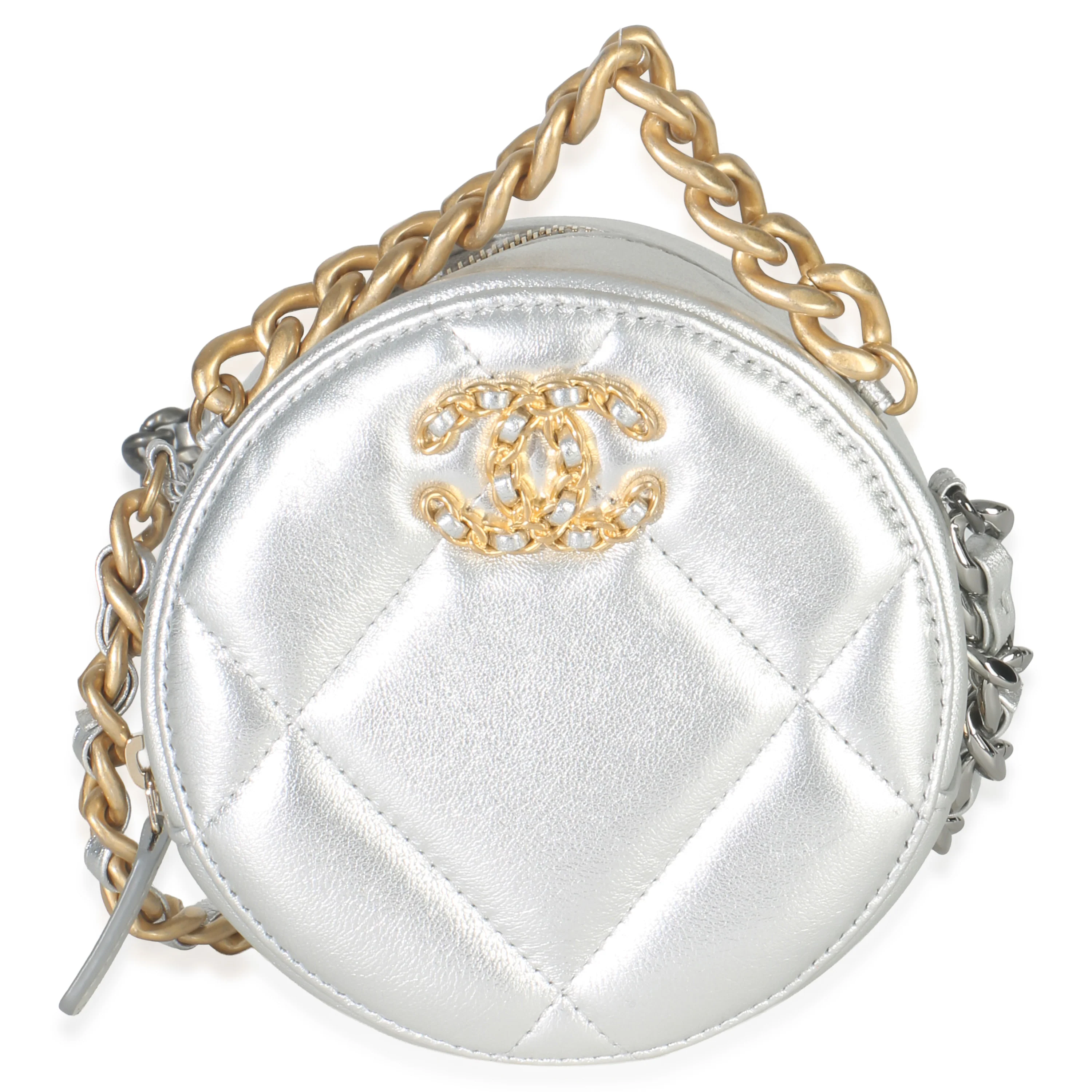 -Silver Quilted Lambskin Chanel 19 Round Pouch - Image 3