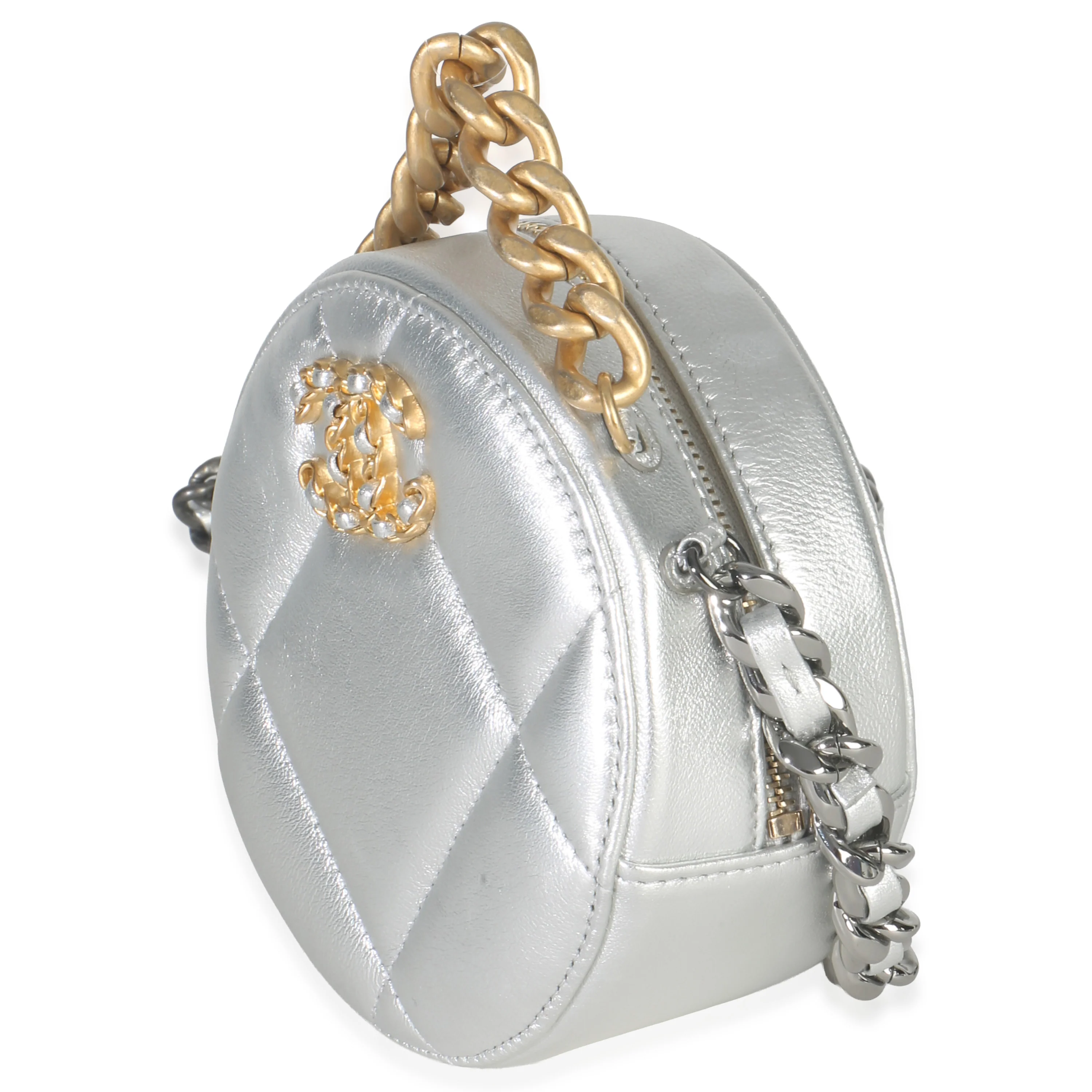 -Silver Quilted Lambskin Chanel 19 Round Pouch - Image 4