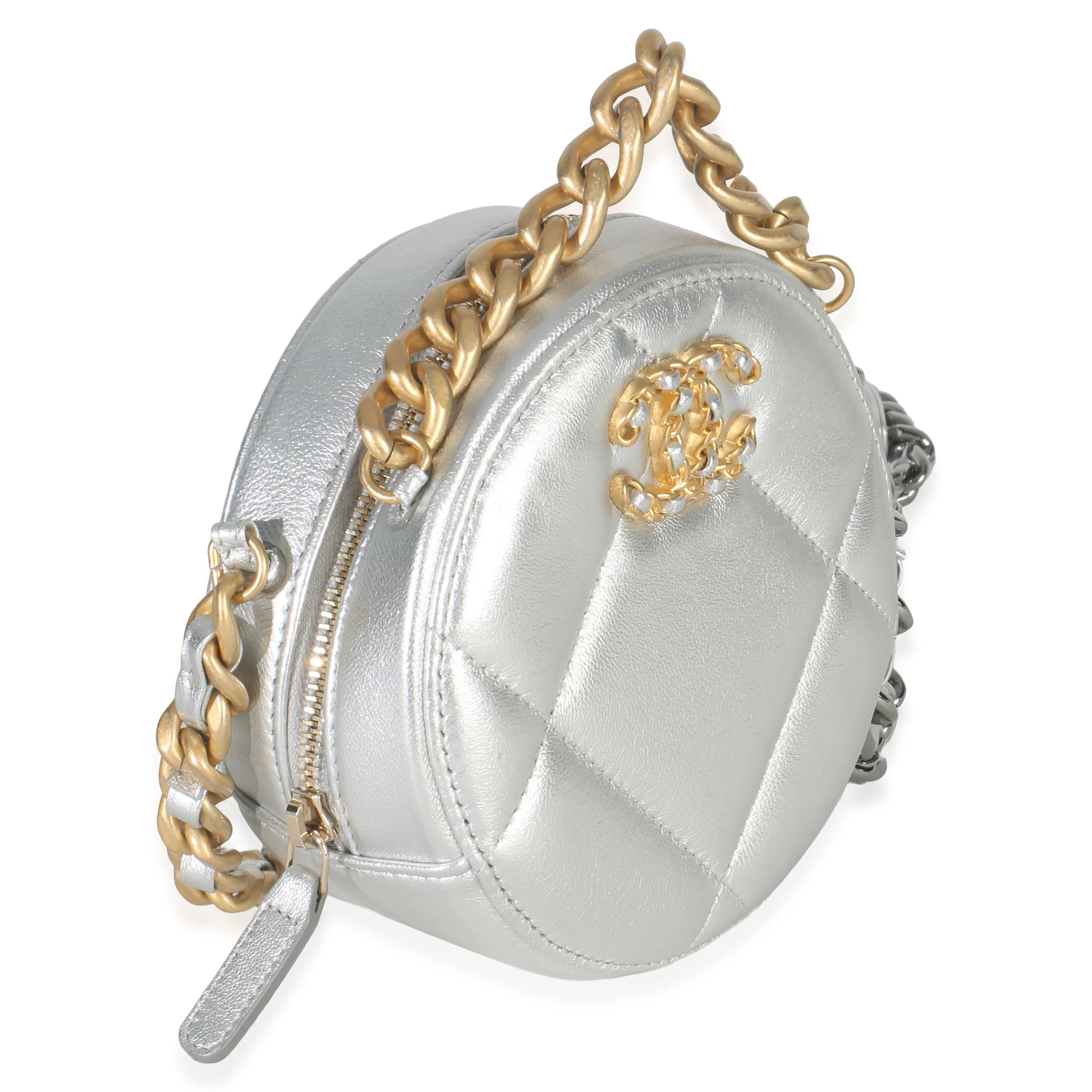 -Silver Quilted Lambskin Chanel 19 Round Pouch - Image 5