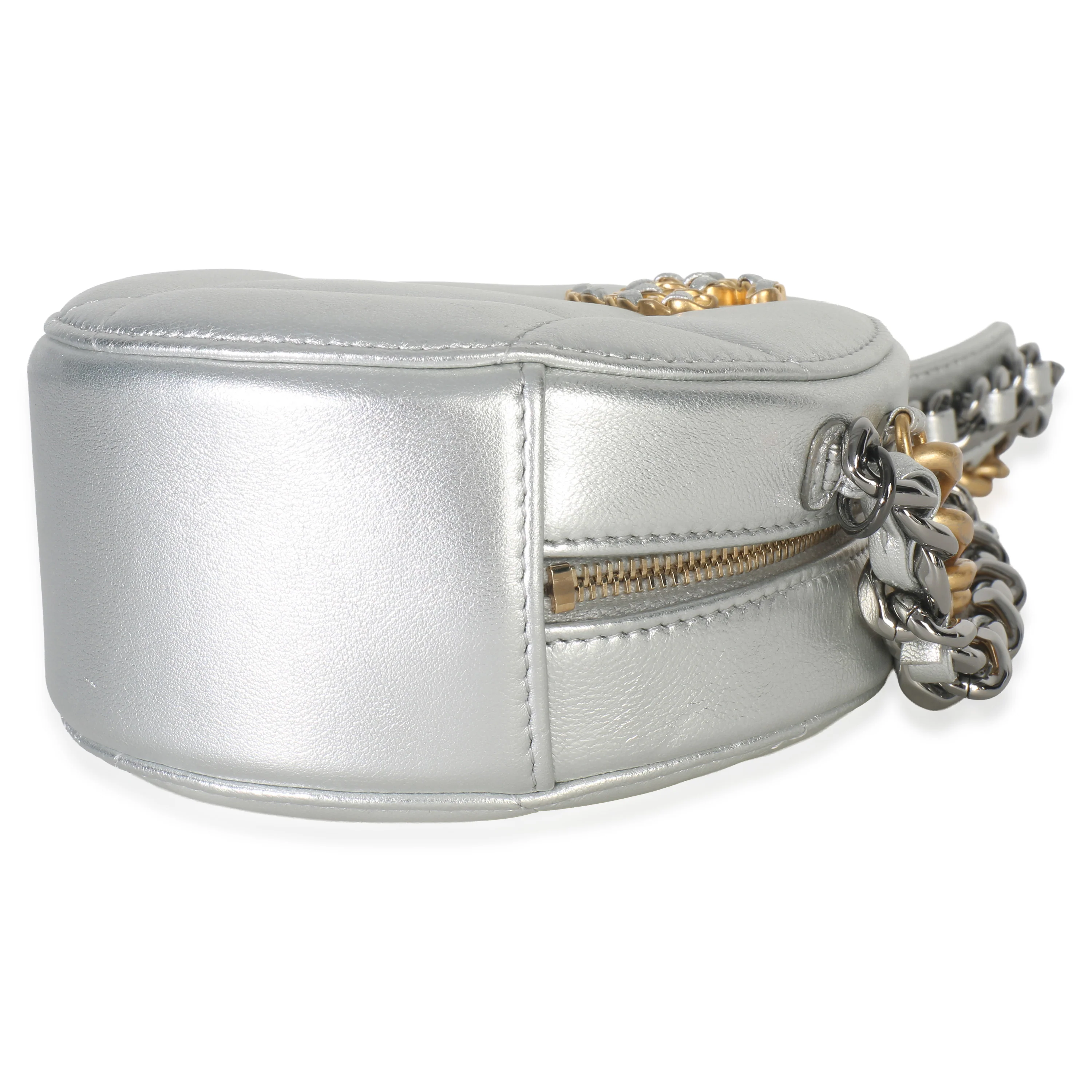 -Silver Quilted Lambskin Chanel 19 Round Pouch - Image 8