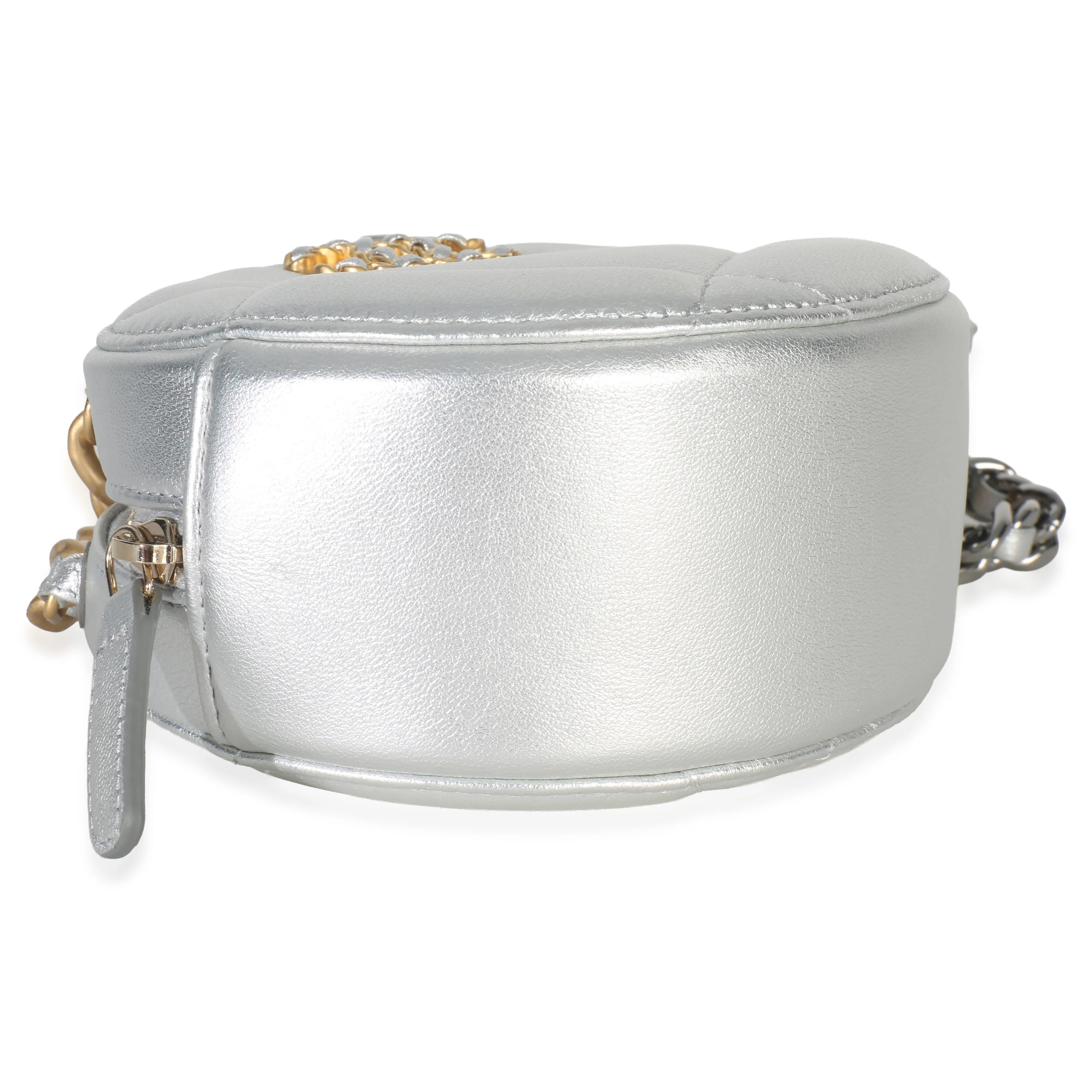 -Silver Quilted Lambskin Chanel 19 Round Pouch - Image 9