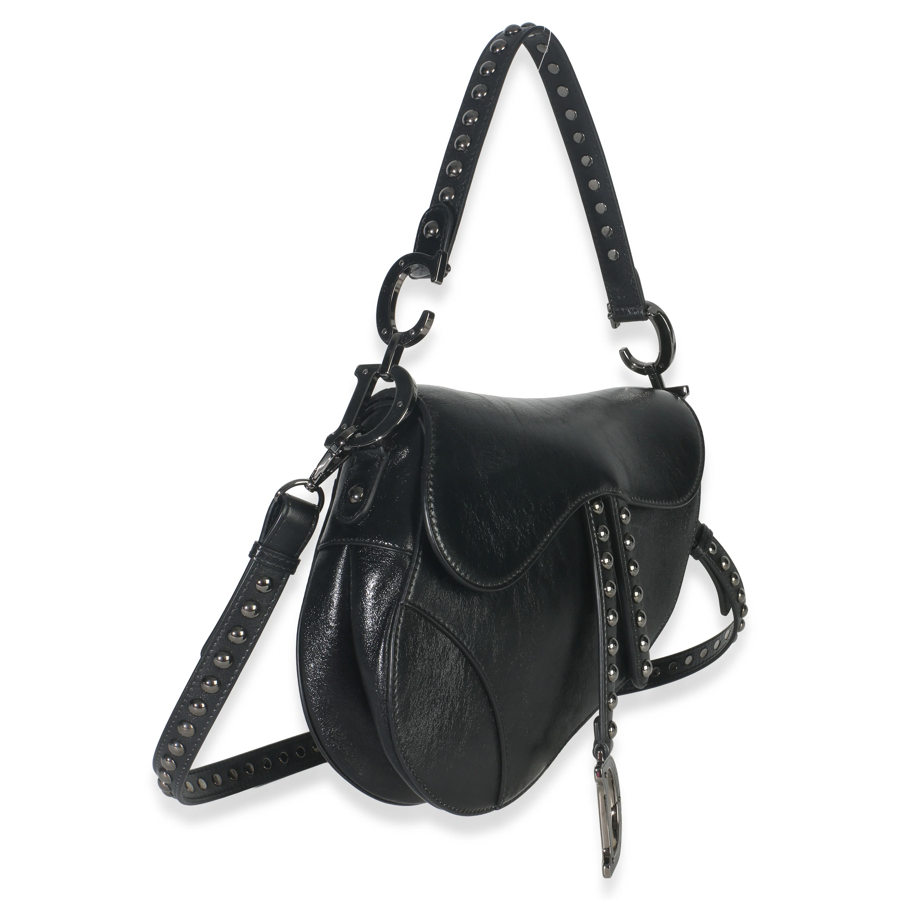 Black Calfskin Studded Medium Saddle Bag - Image 3