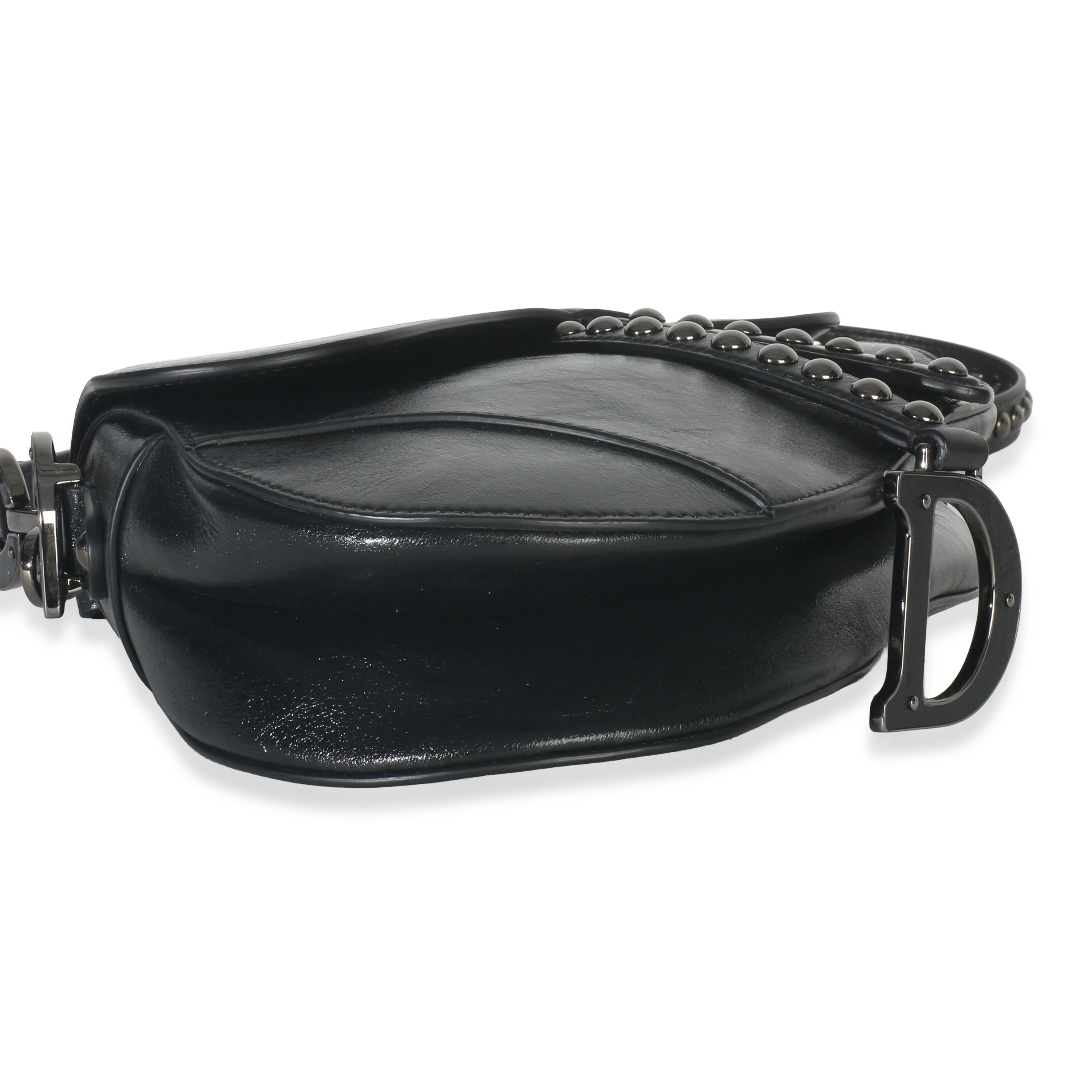 Black Calfskin Studded Medium Saddle Bag - Image 8