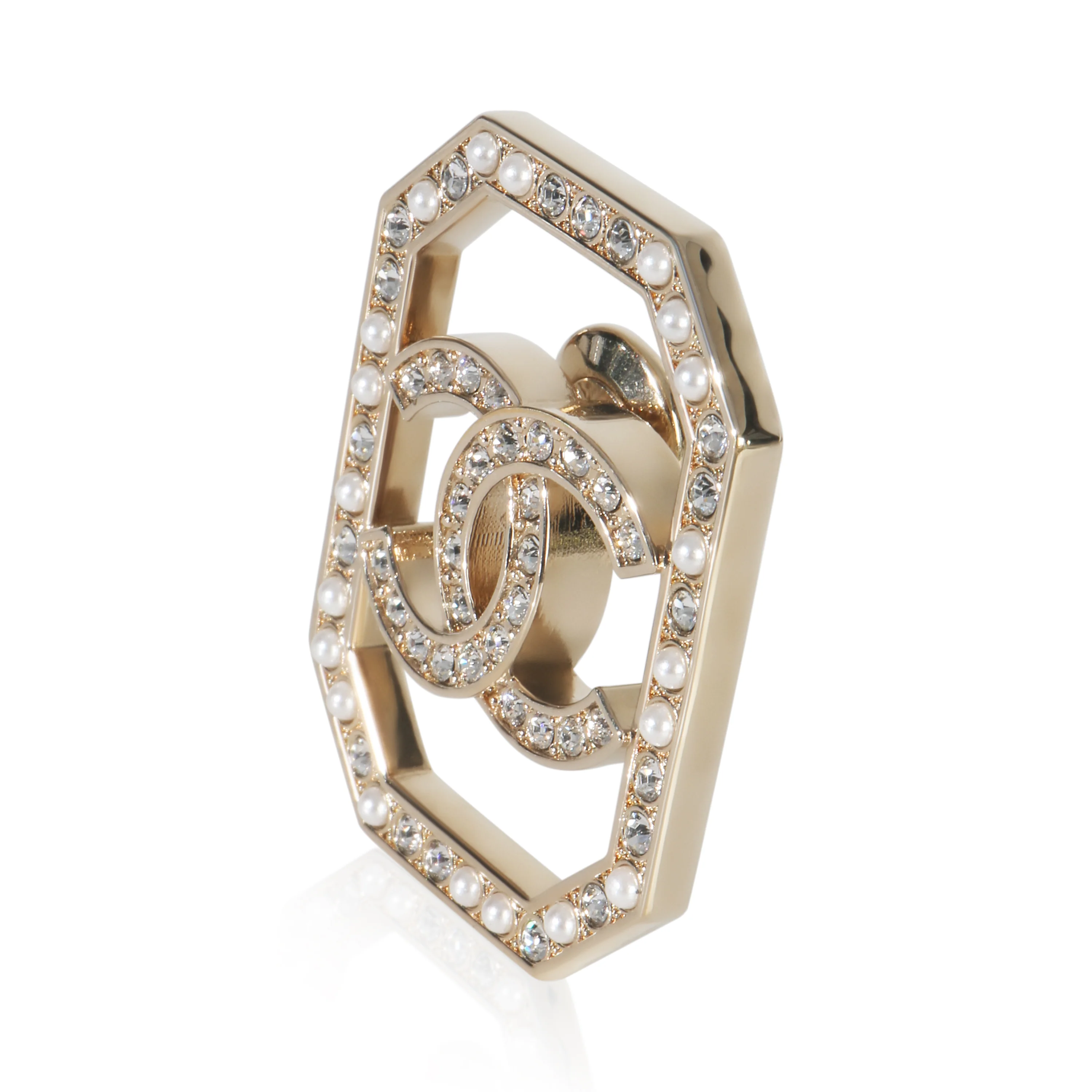 Gold-Plated  2023 Faux Pearl & Strass CC Brooch - Image 2