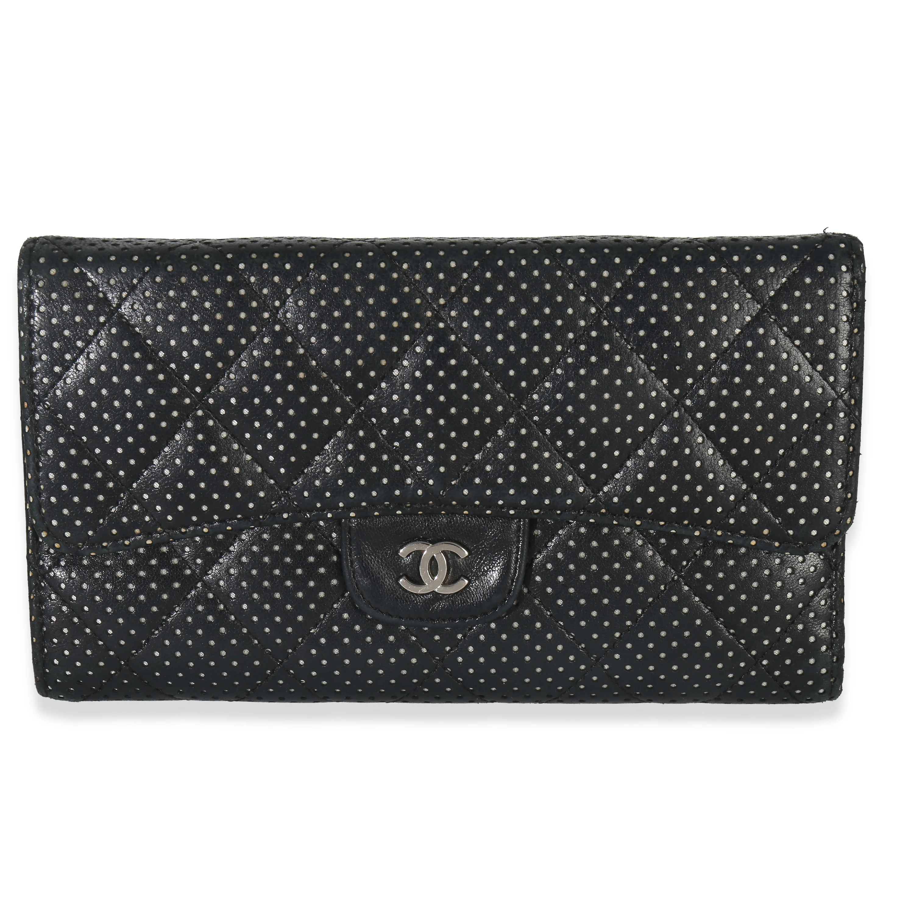 Black Quilted Perforated Lambskin Continental Wallet