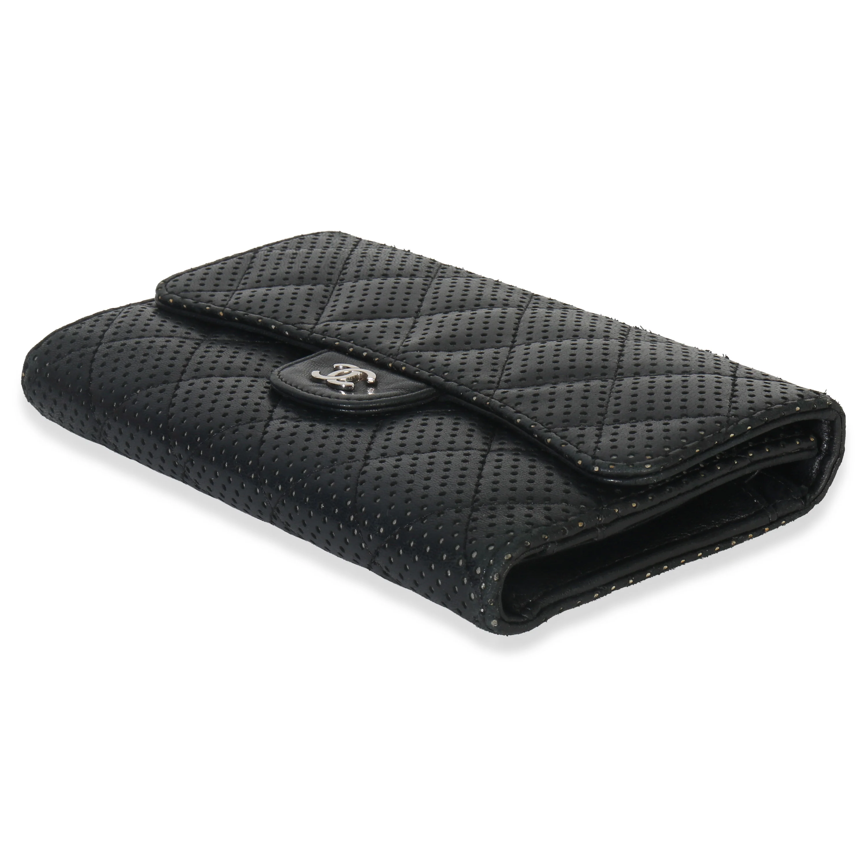 Black Quilted Perforated Lambskin Continental Wallet - Image 5