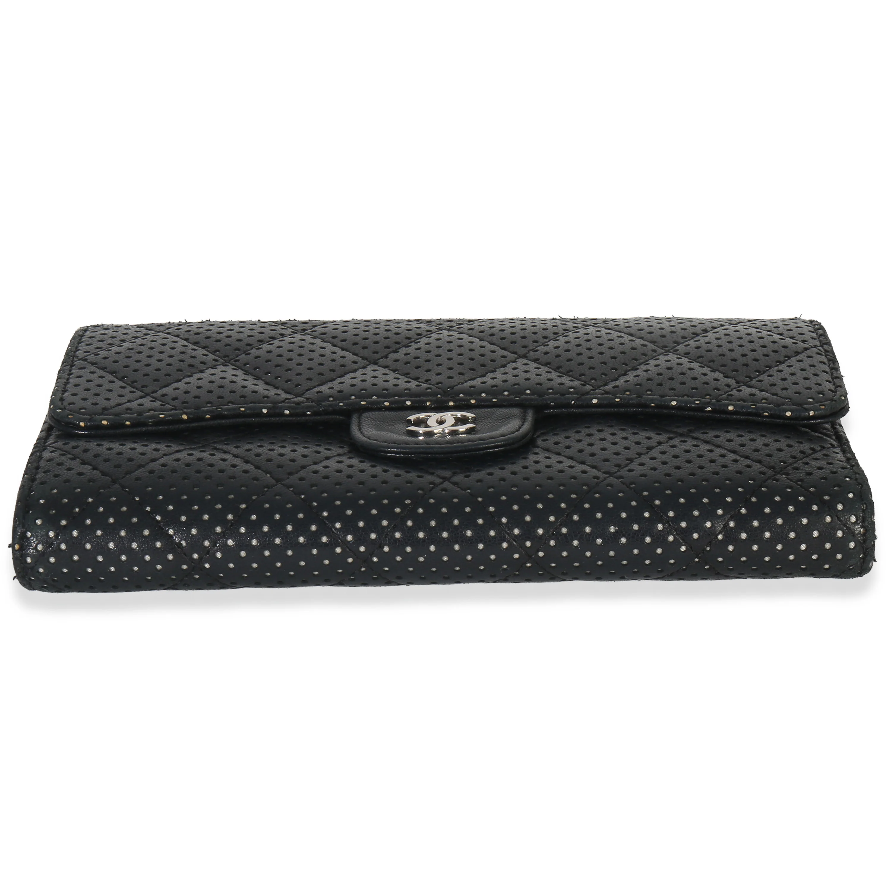 Black Quilted Perforated Lambskin Continental Wallet - Image 6