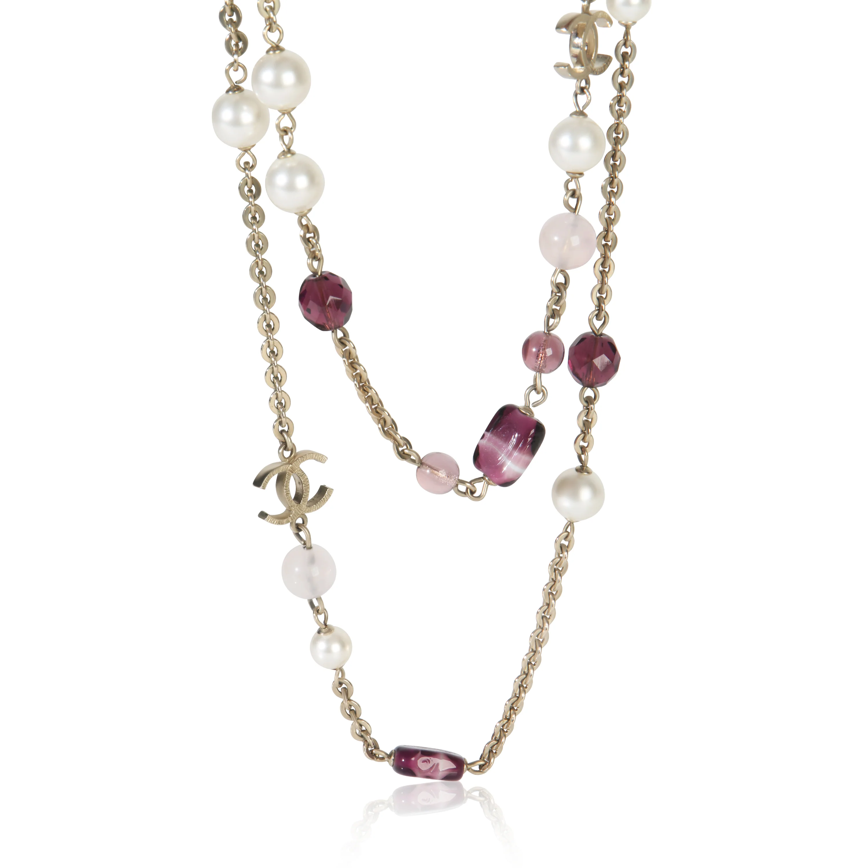 Gold-Plated 2007 Faux Pearl & Pink Bead CC Station Necklace