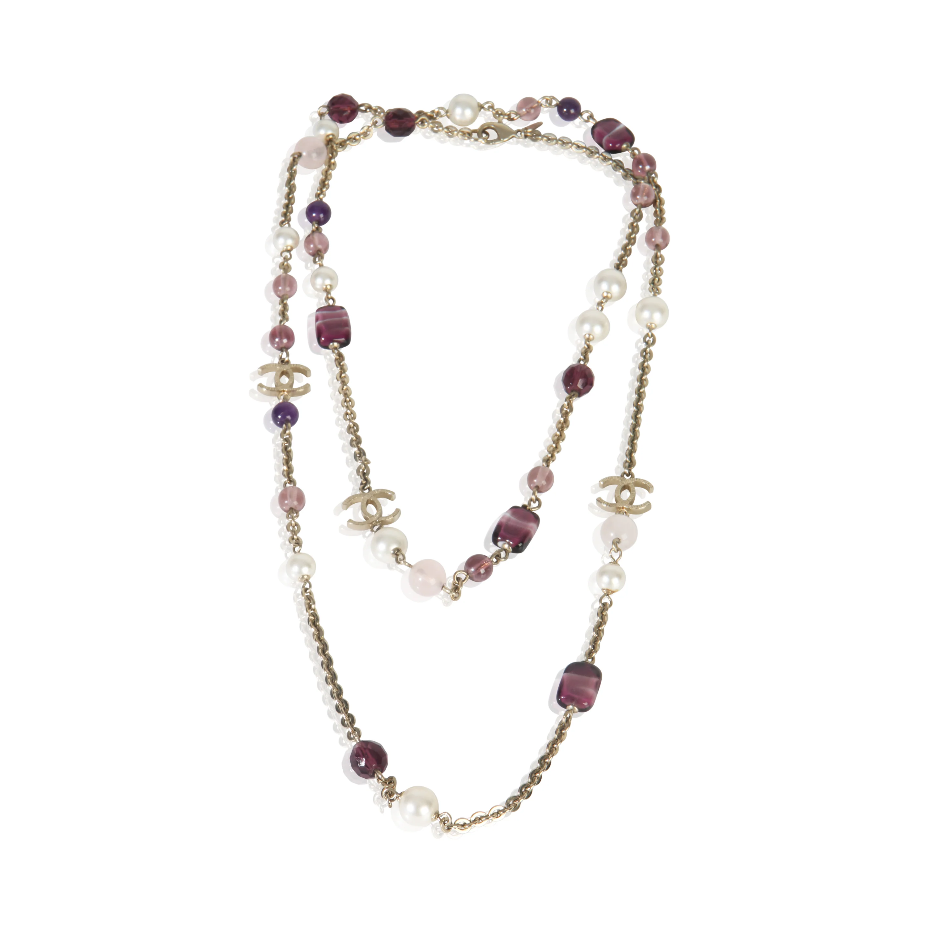 Gold-Plated 2007 Faux Pearl & Pink Bead CC Station Necklace - Image 3