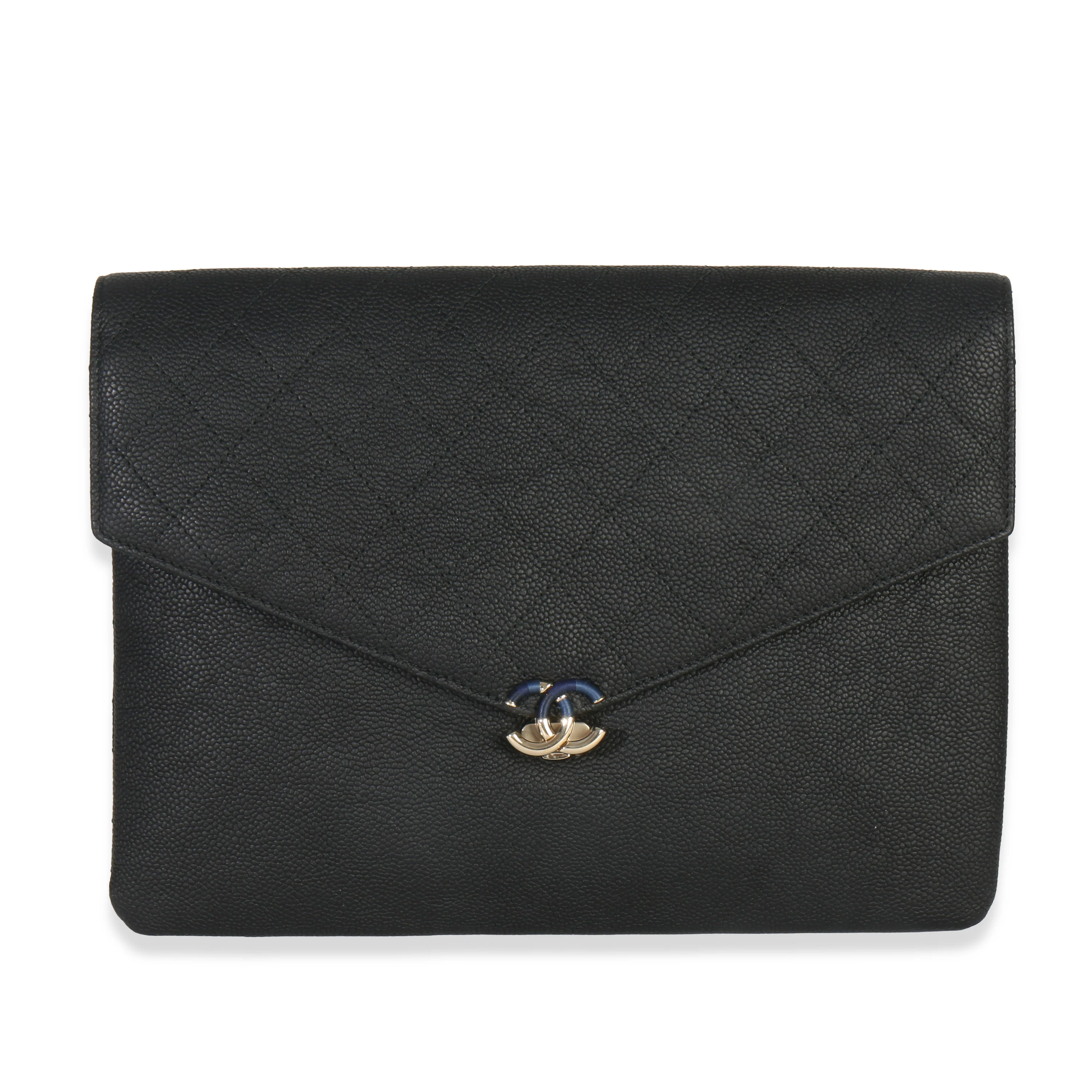 Black Quilted Caviar Thread Around CC Medium Envelope Pouch