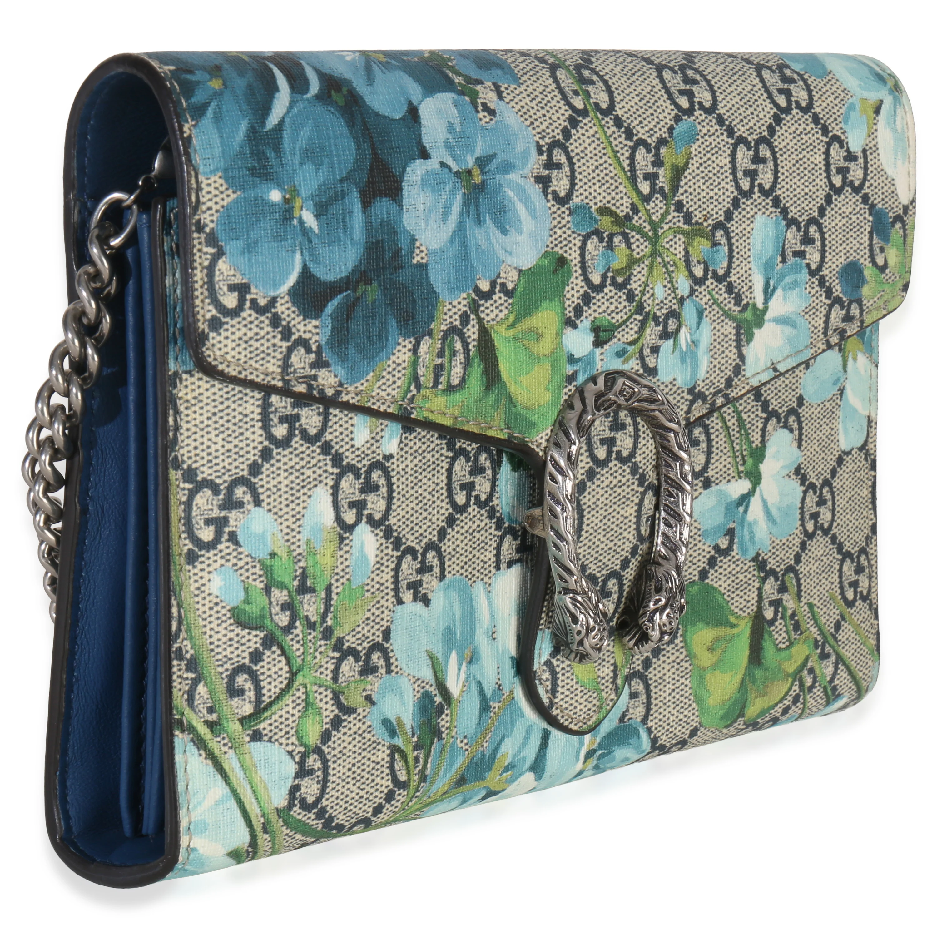 Blue Beige GG Supreme Canvas Blooms Dionysus Chain Wallet - Image 2