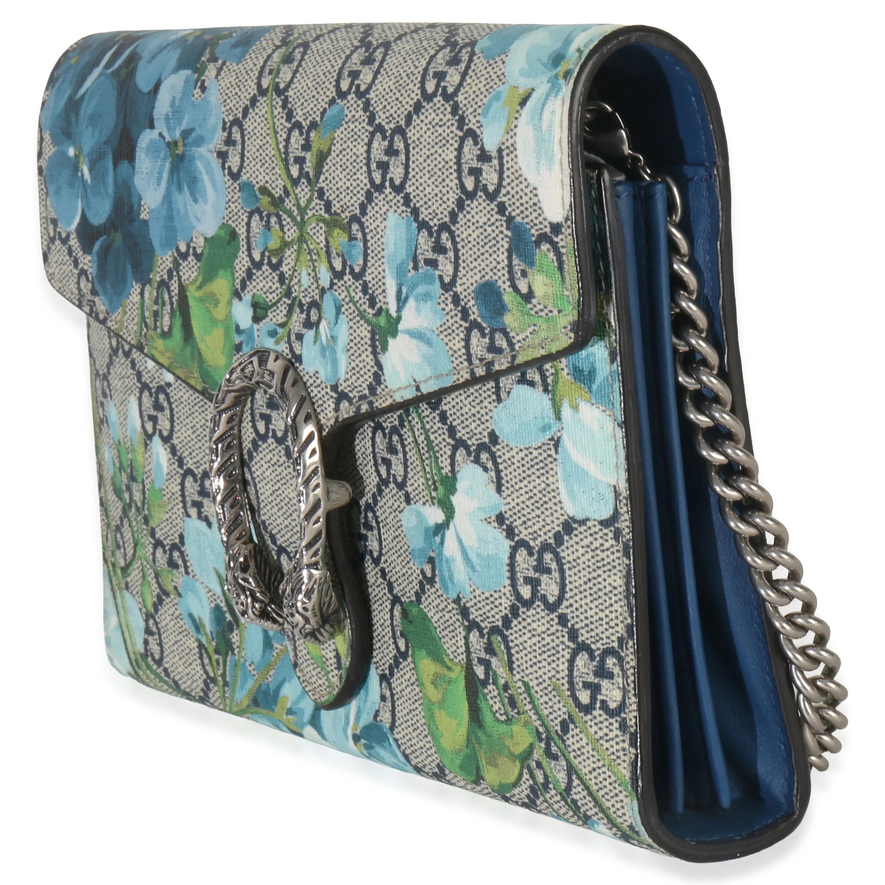 Blue Beige GG Supreme Canvas Blooms Dionysus Chain Wallet - Image 3