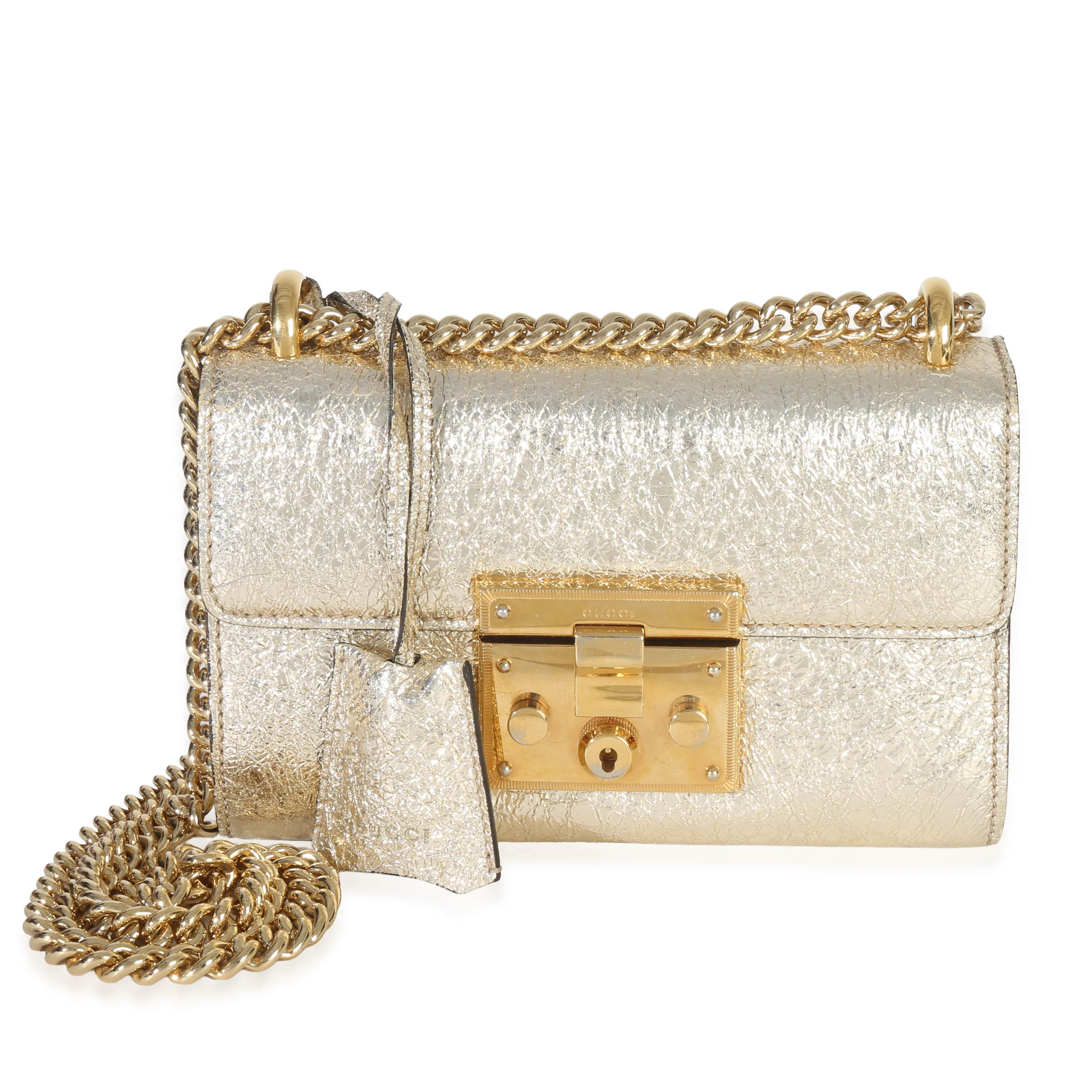Gold Metallic Crinkled Leather Small Padlock Chain Bag