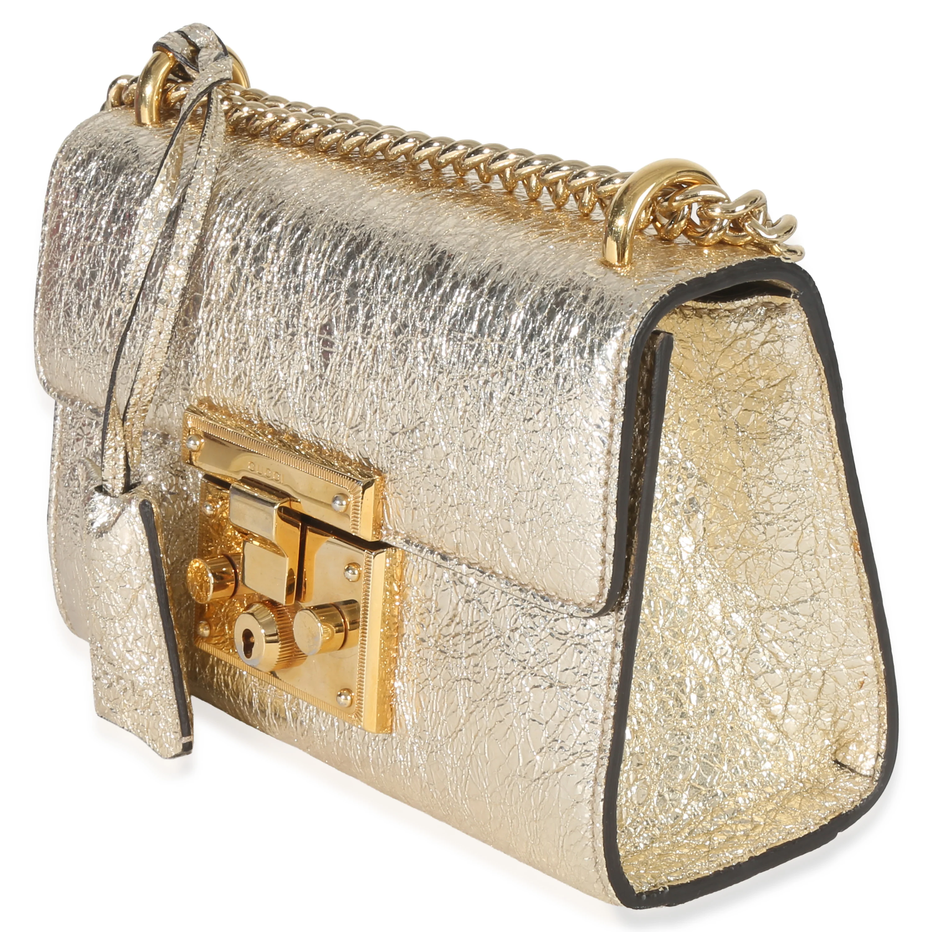 Gold Metallic Crinkled Leather Small Padlock Chain Bag - Image 2