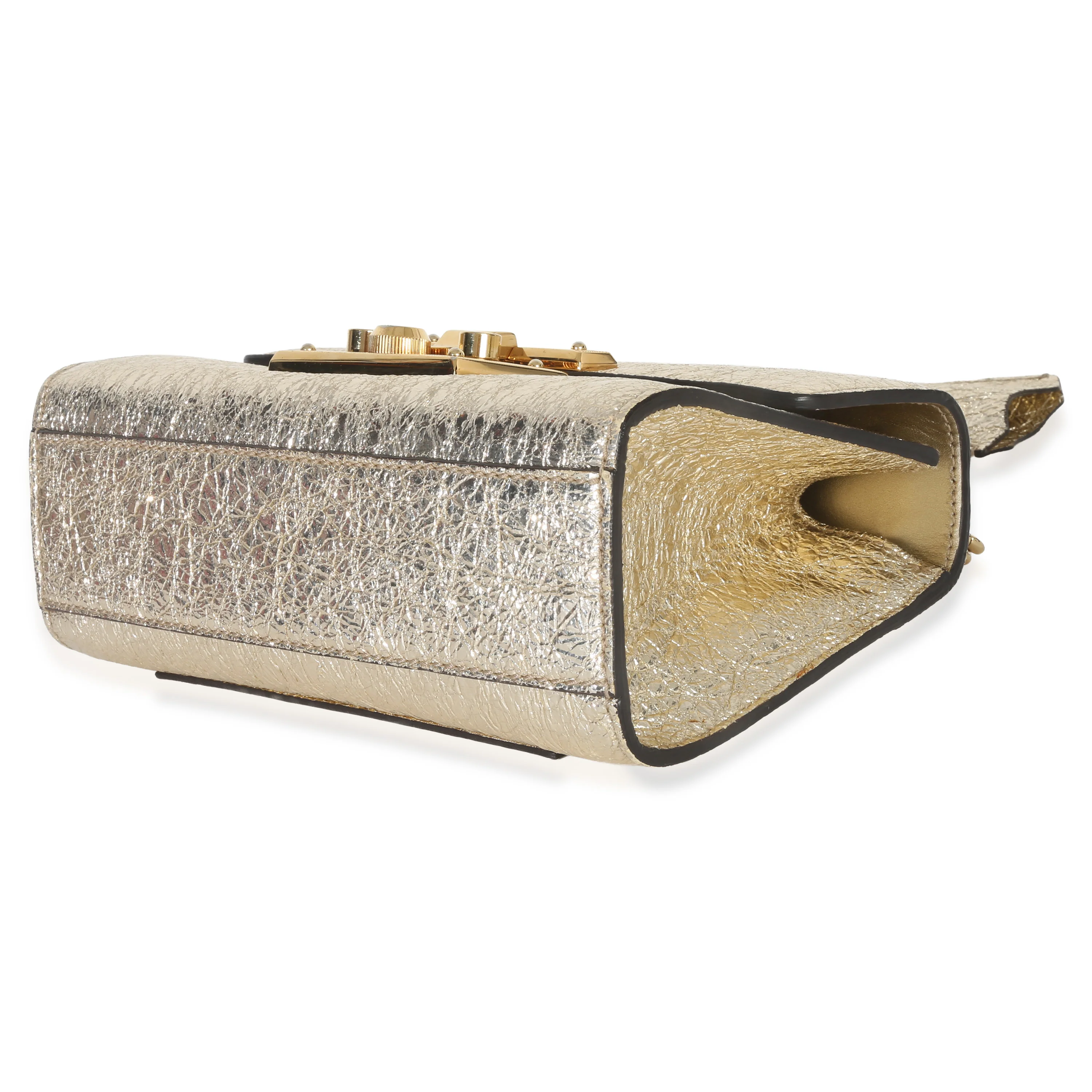 Gold Metallic Crinkled Leather Small Padlock Chain Bag - Image 6