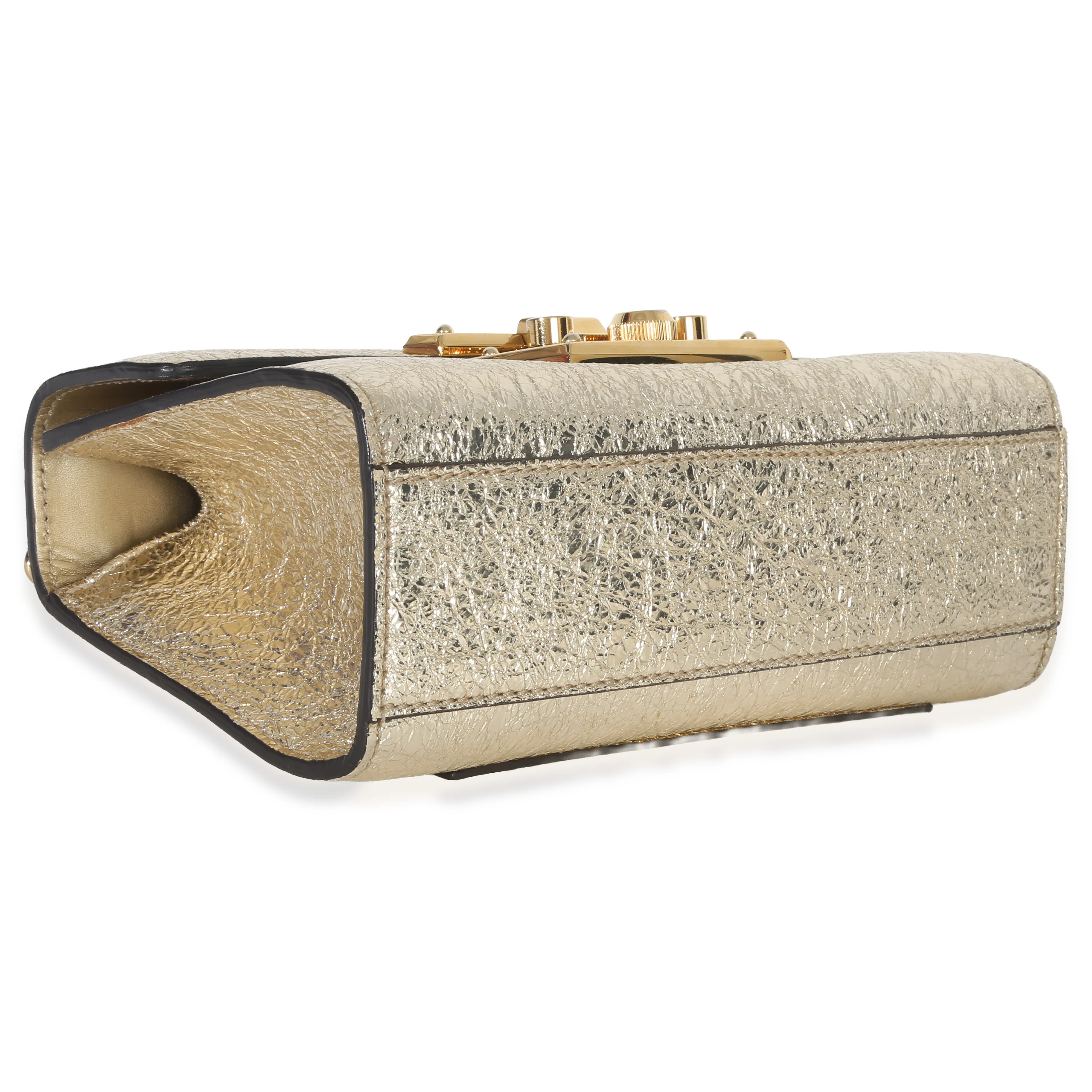 Gold Metallic Crinkled Leather Small Padlock Chain Bag - Image 8