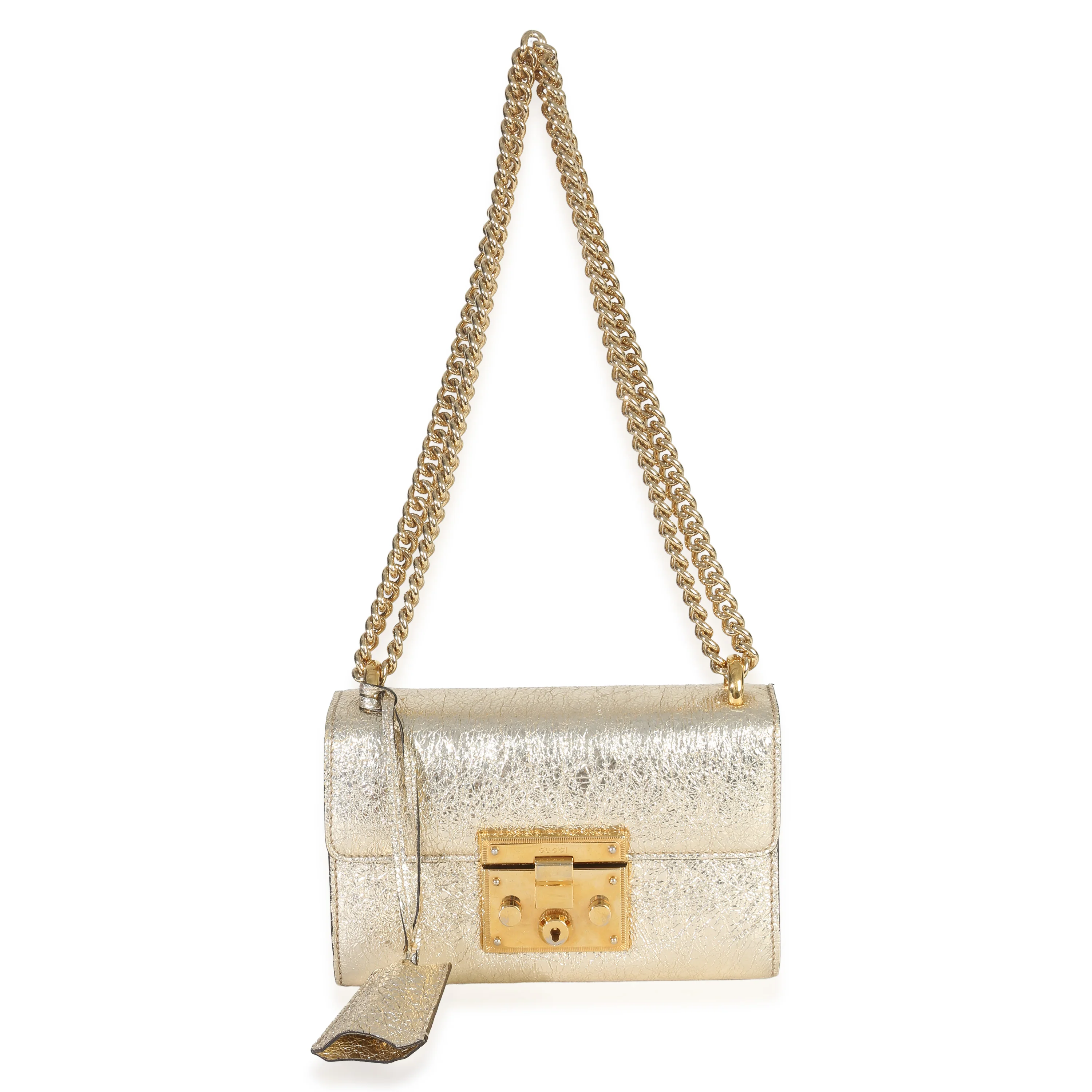 Gold Metallic Crinkled Leather Small Padlock Chain Bag - Image 9