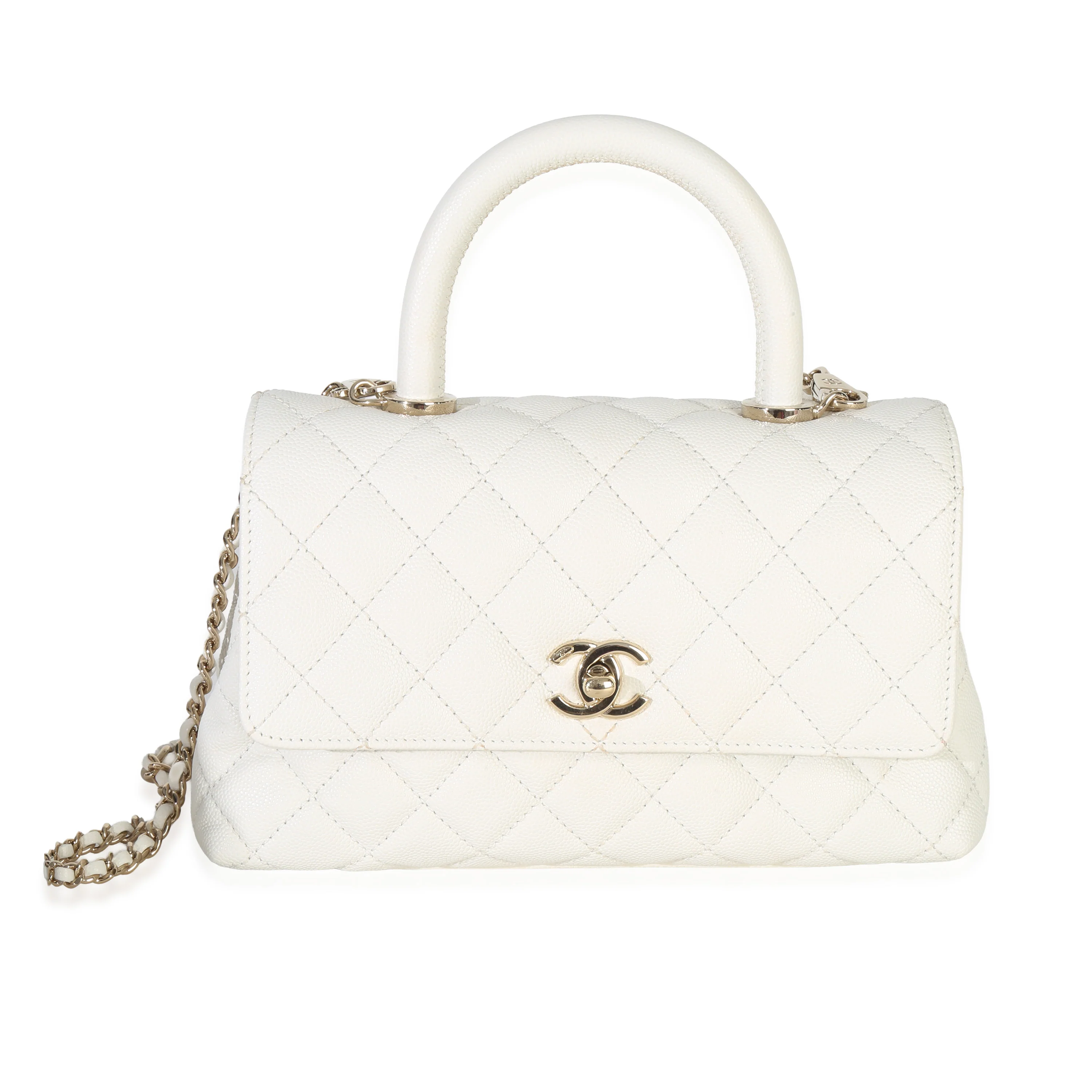 White Quilted Caviar Mini Coco Top Handle Bag