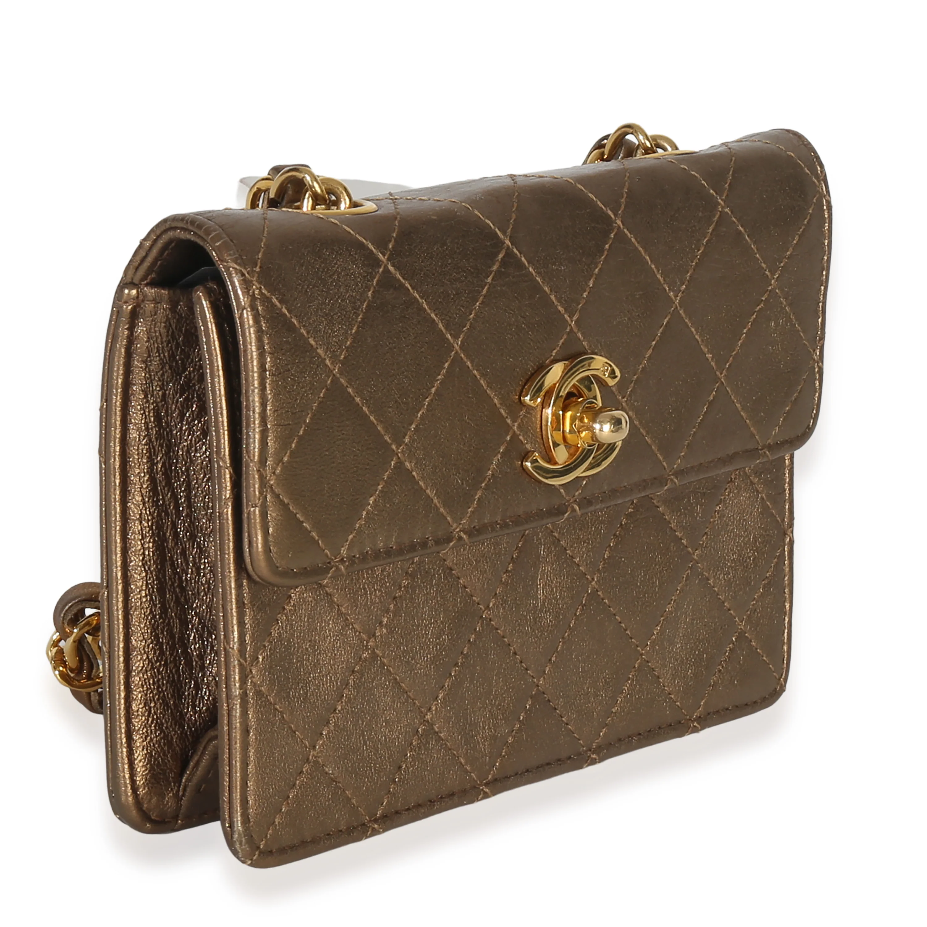 Vintage Gold Metallic Quilted Lambskin Extra Mini Square Flap Bag - Image 3