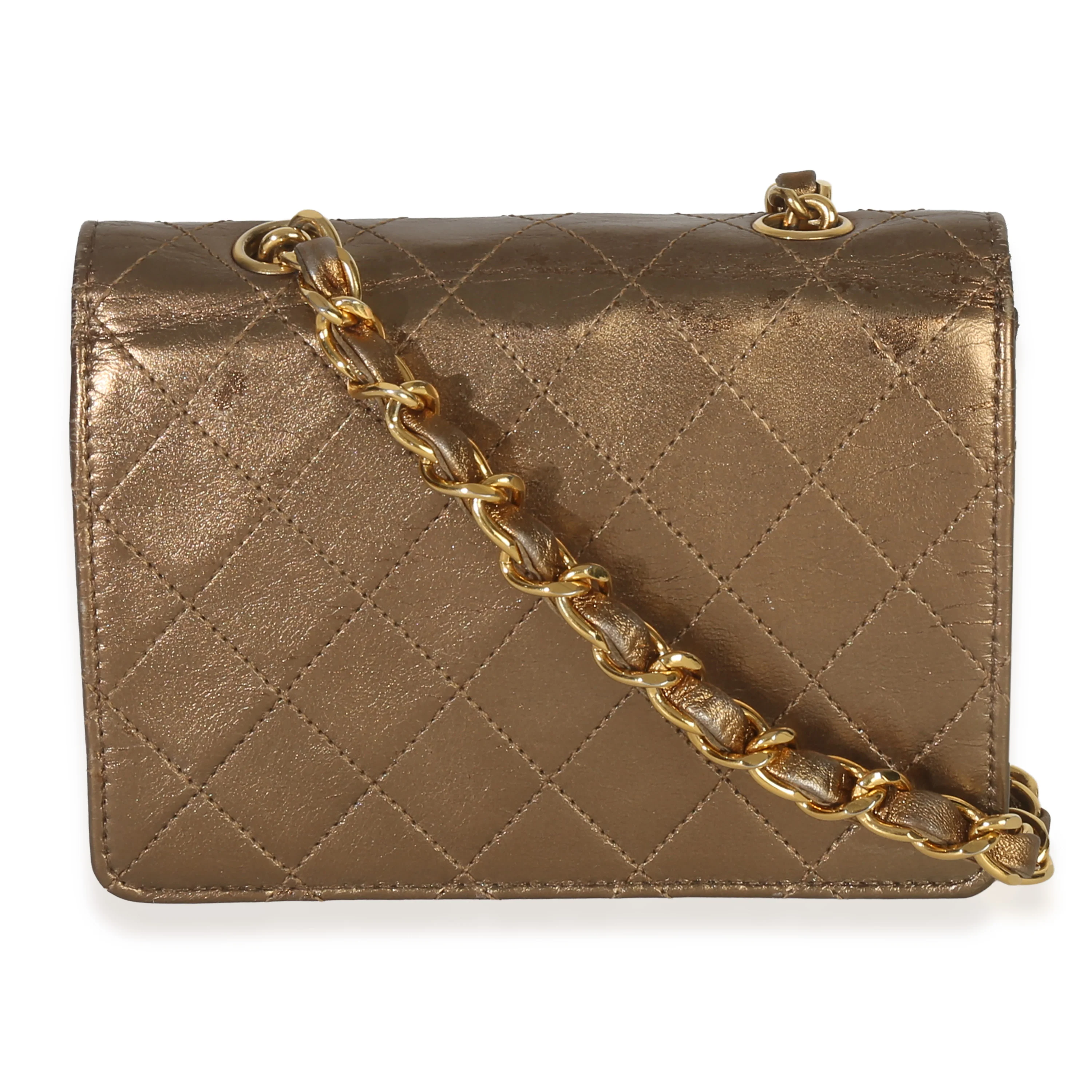 Vintage Gold Metallic Quilted Lambskin Extra Mini Square Flap Bag - Image 4