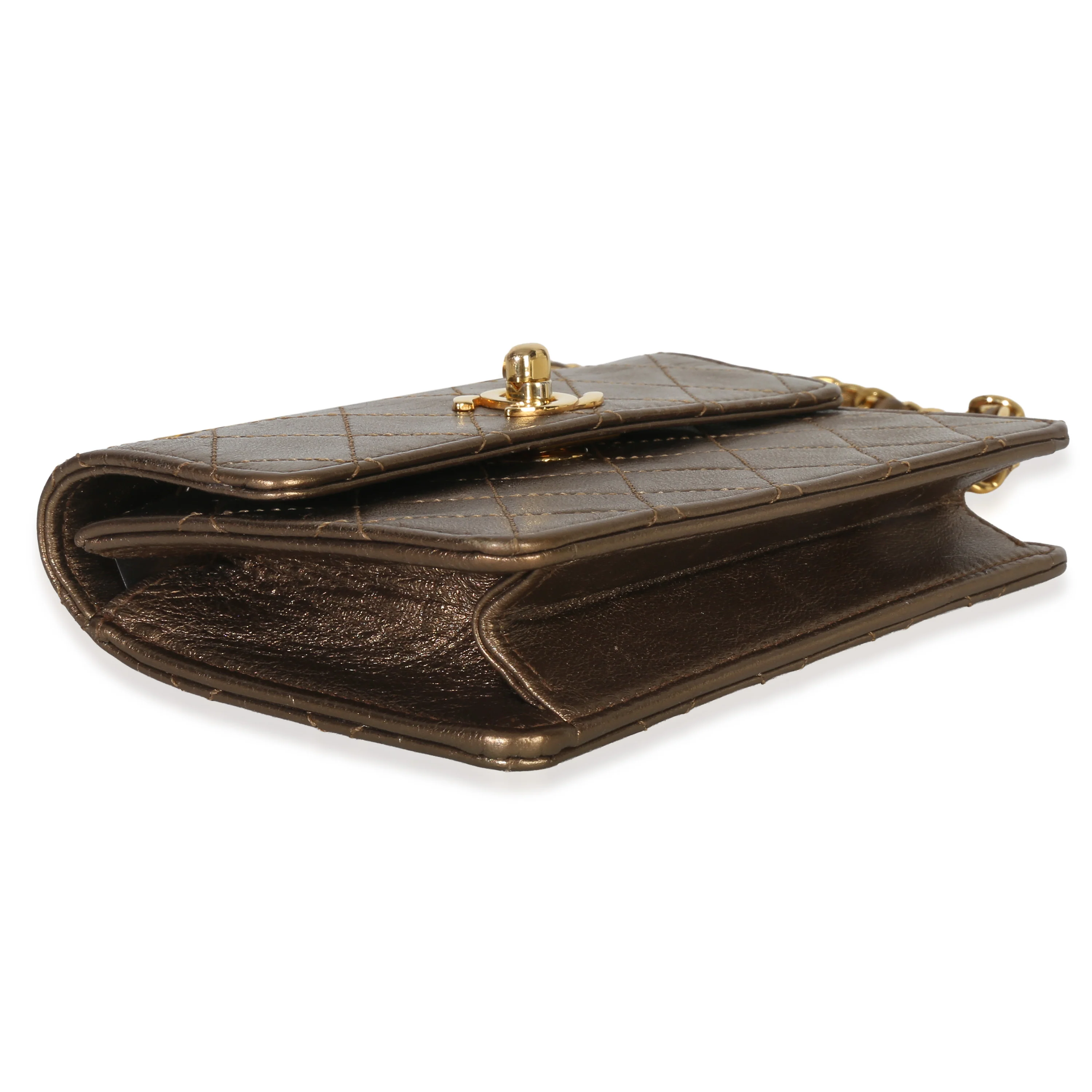 Vintage Gold Metallic Quilted Lambskin Extra Mini Square Flap Bag - Image 6