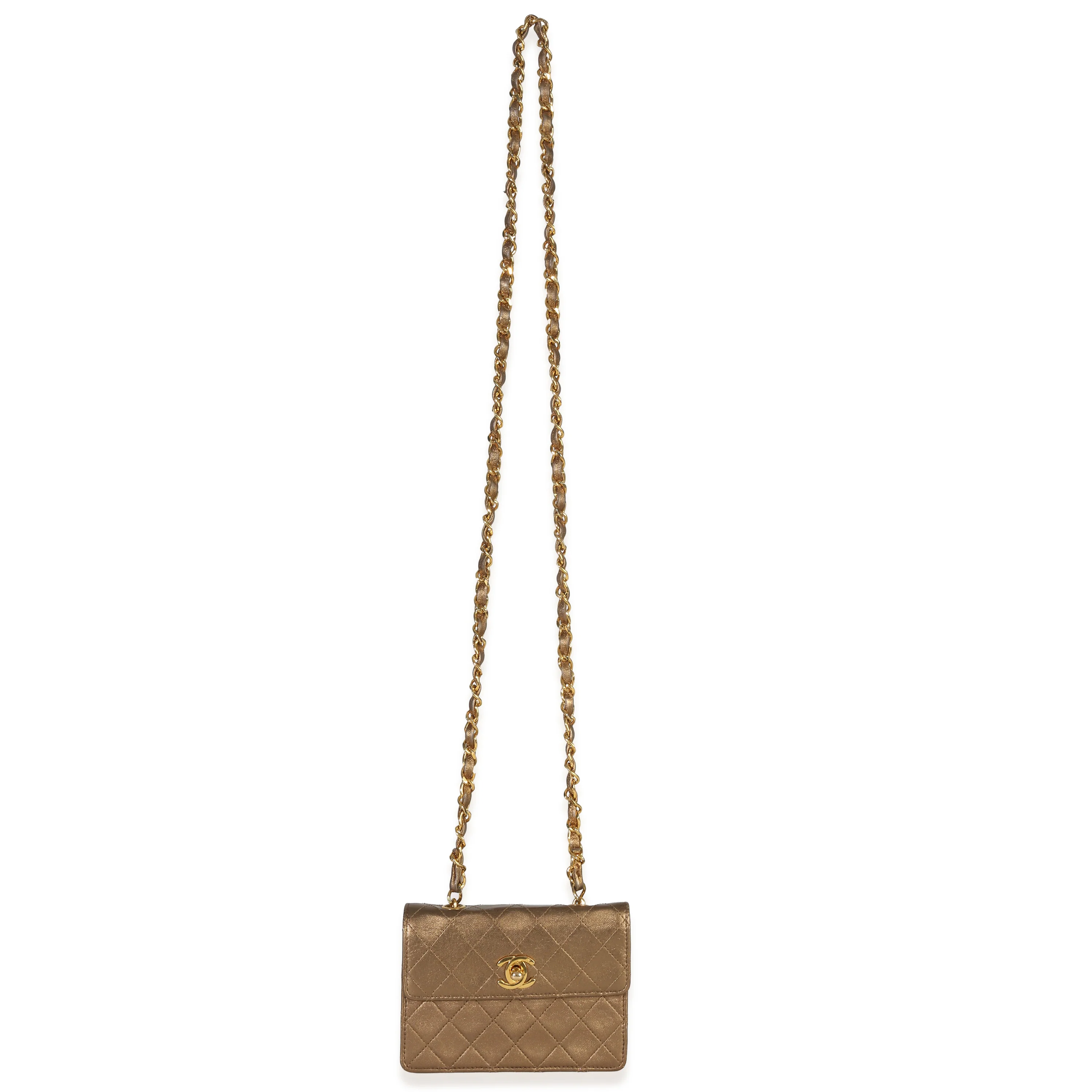 Vintage Gold Metallic Quilted Lambskin Extra Mini Square Flap Bag - Image 8