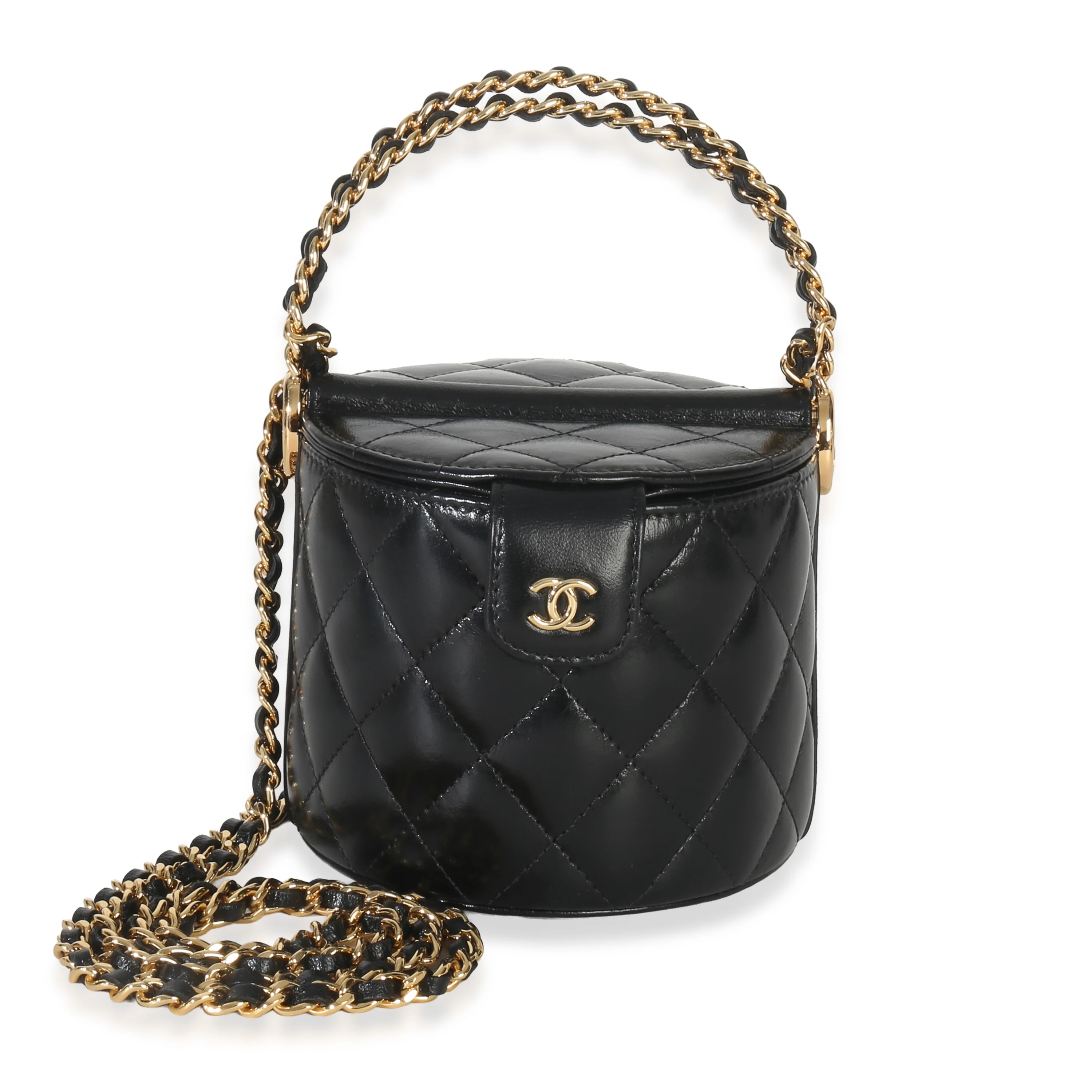 Black Shiny Quilted Calfskin Double Sided Top Handle Mini Vanity Bag