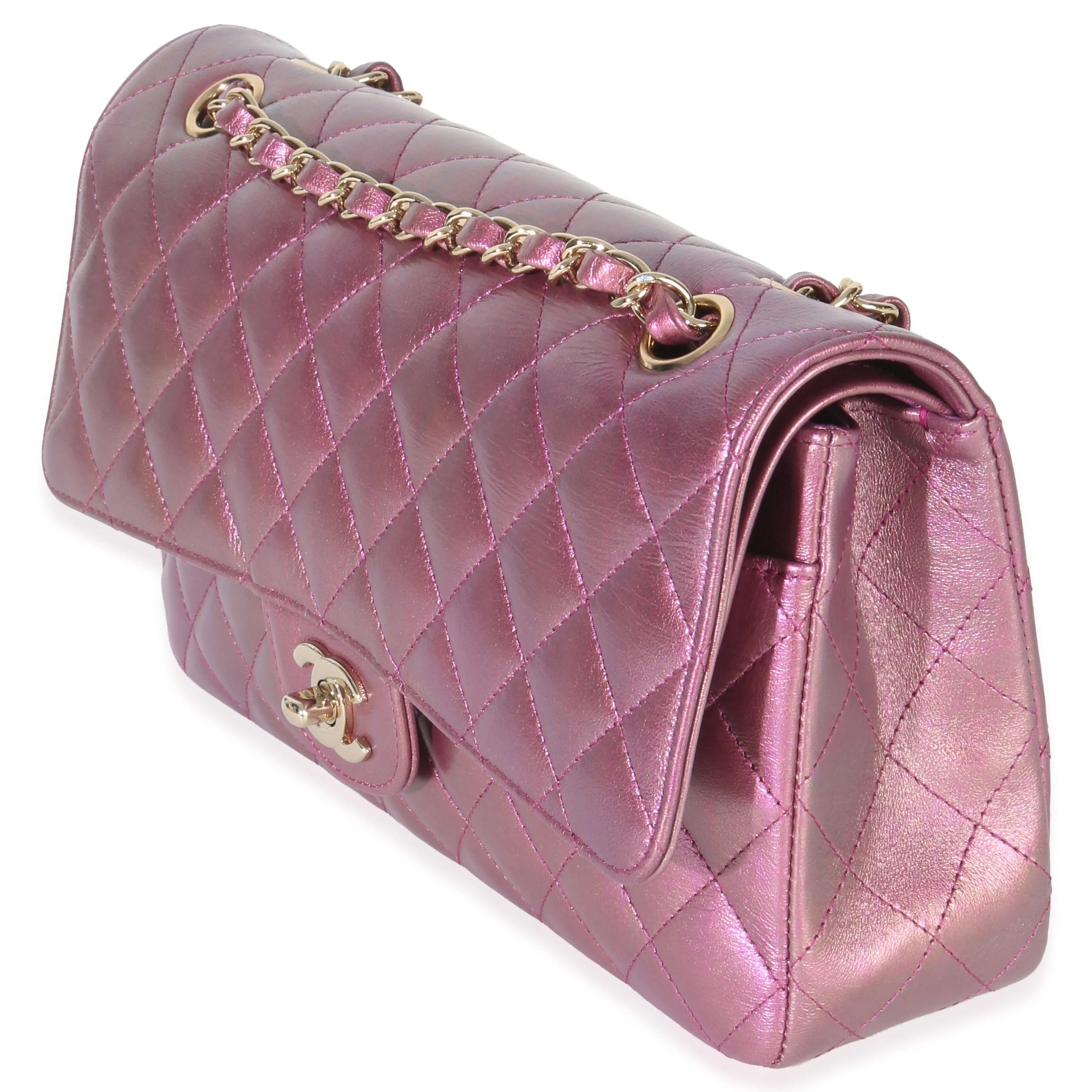 Dark Pink Iridescent Quilted Lambskin Medium Classic Double Flap Bag - Image 2