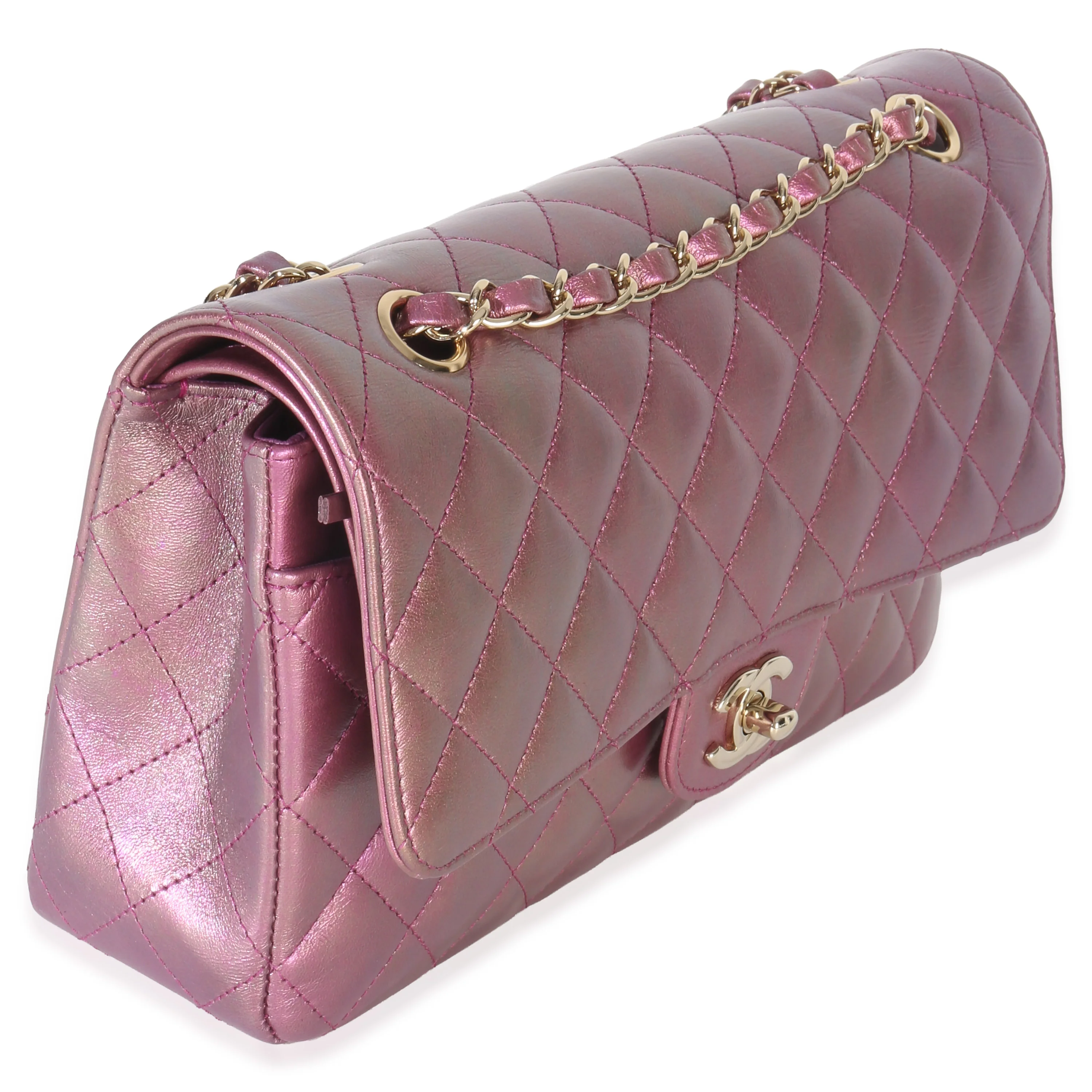 Dark Pink Iridescent Quilted Lambskin Medium Classic Double Flap Bag - Image 3