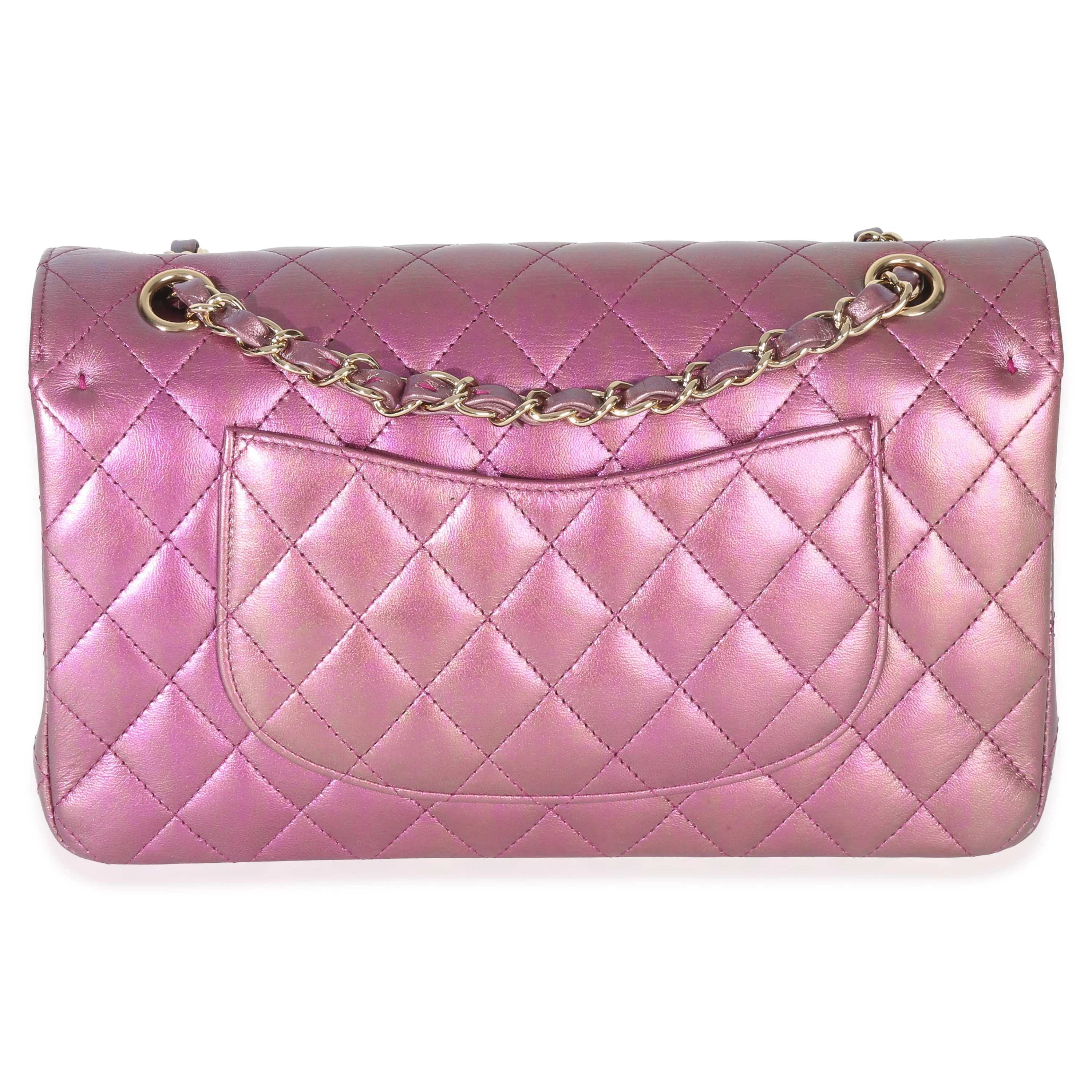 Dark Pink Iridescent Quilted Lambskin Medium Classic Double Flap Bag - Image 4