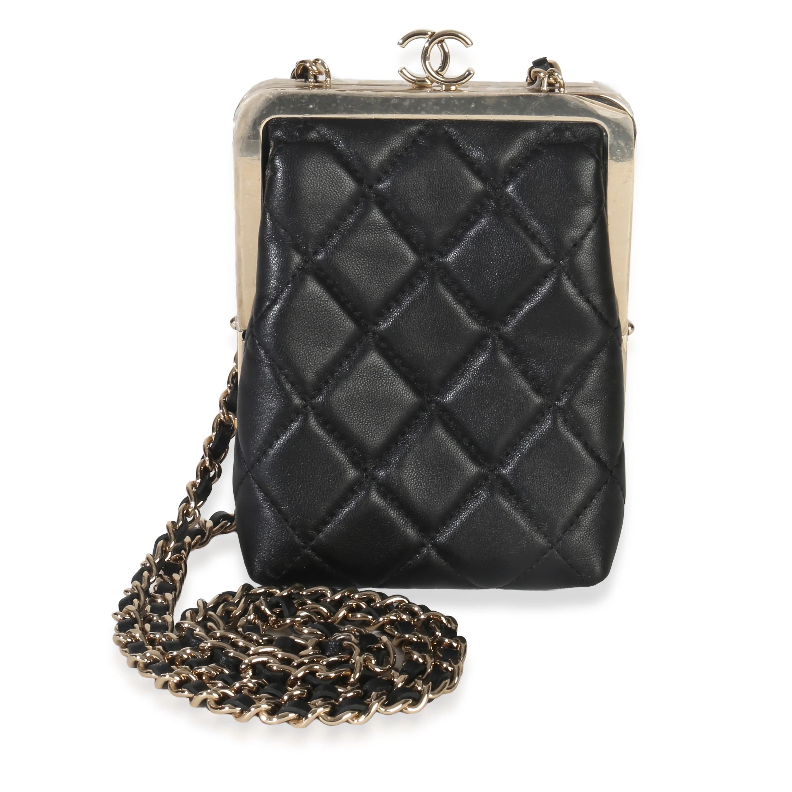 Black Quilted Lambskin CC Frame Clutch With Chain