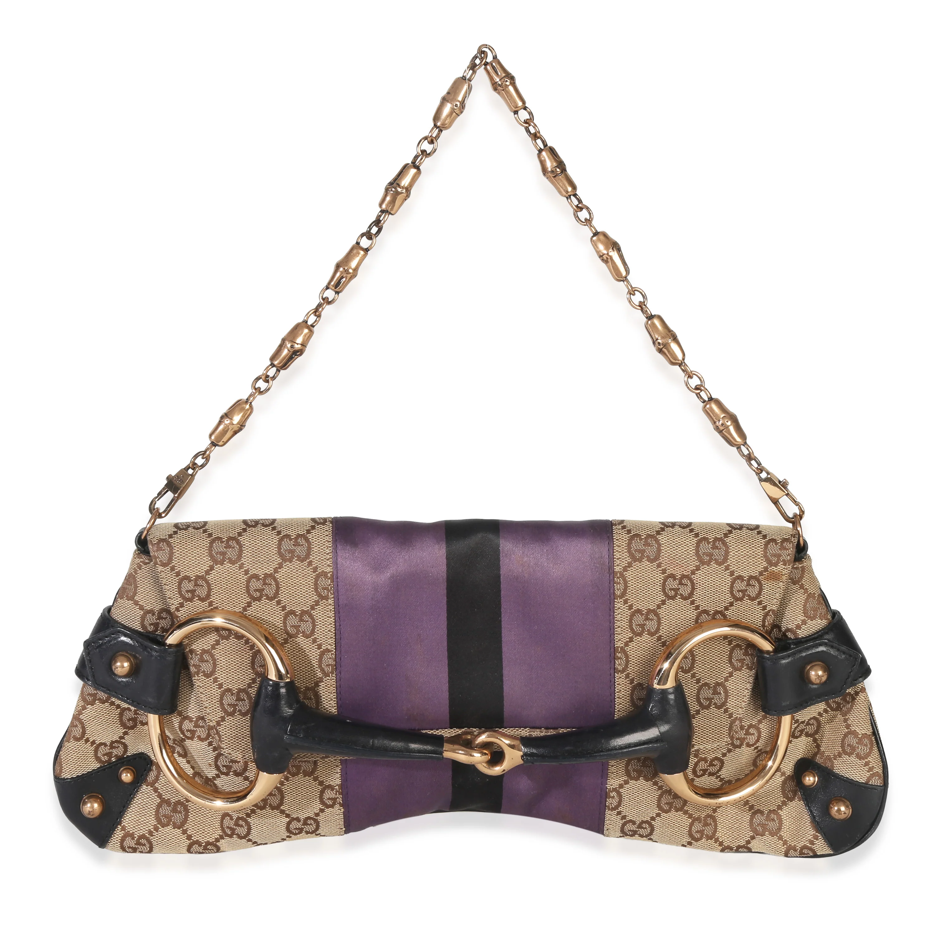 Beige Purple Satin GG Canvas Horsebit Chain Clutch