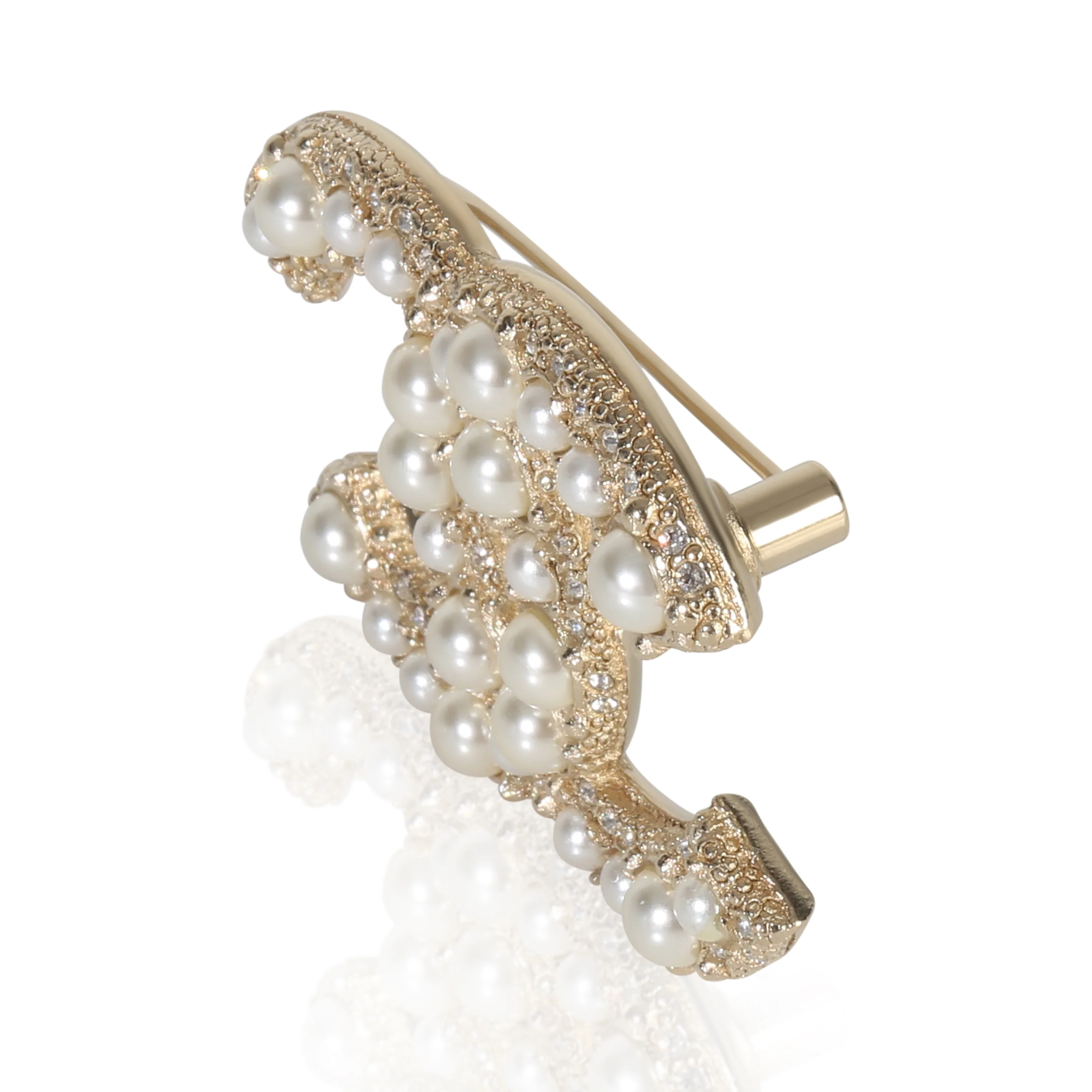 Gold-Plated 2022 Faux Pearl & Strass CC Brooch