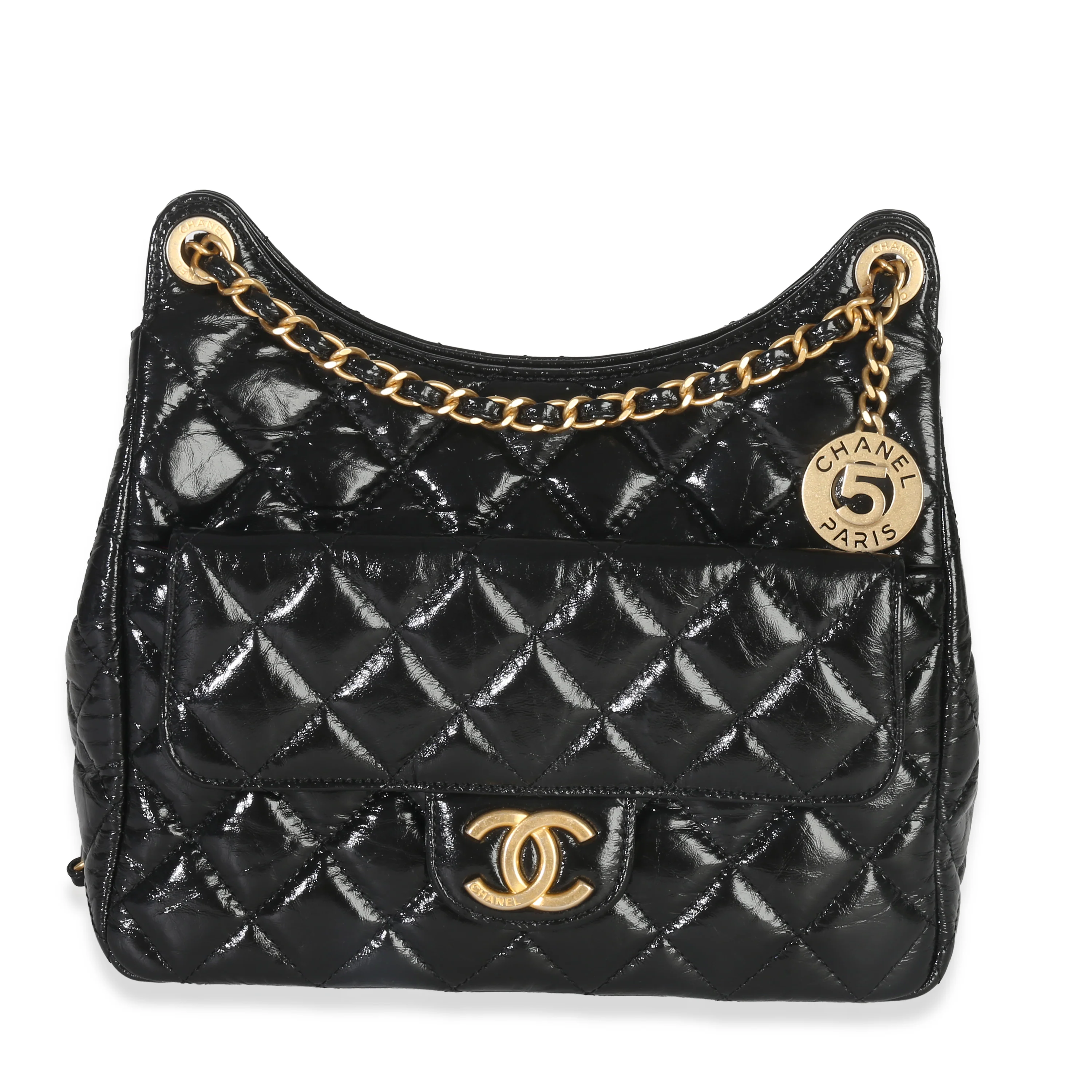 Black Quilted Shiny Crumpled Calfskin Small Wavy CC Hobo