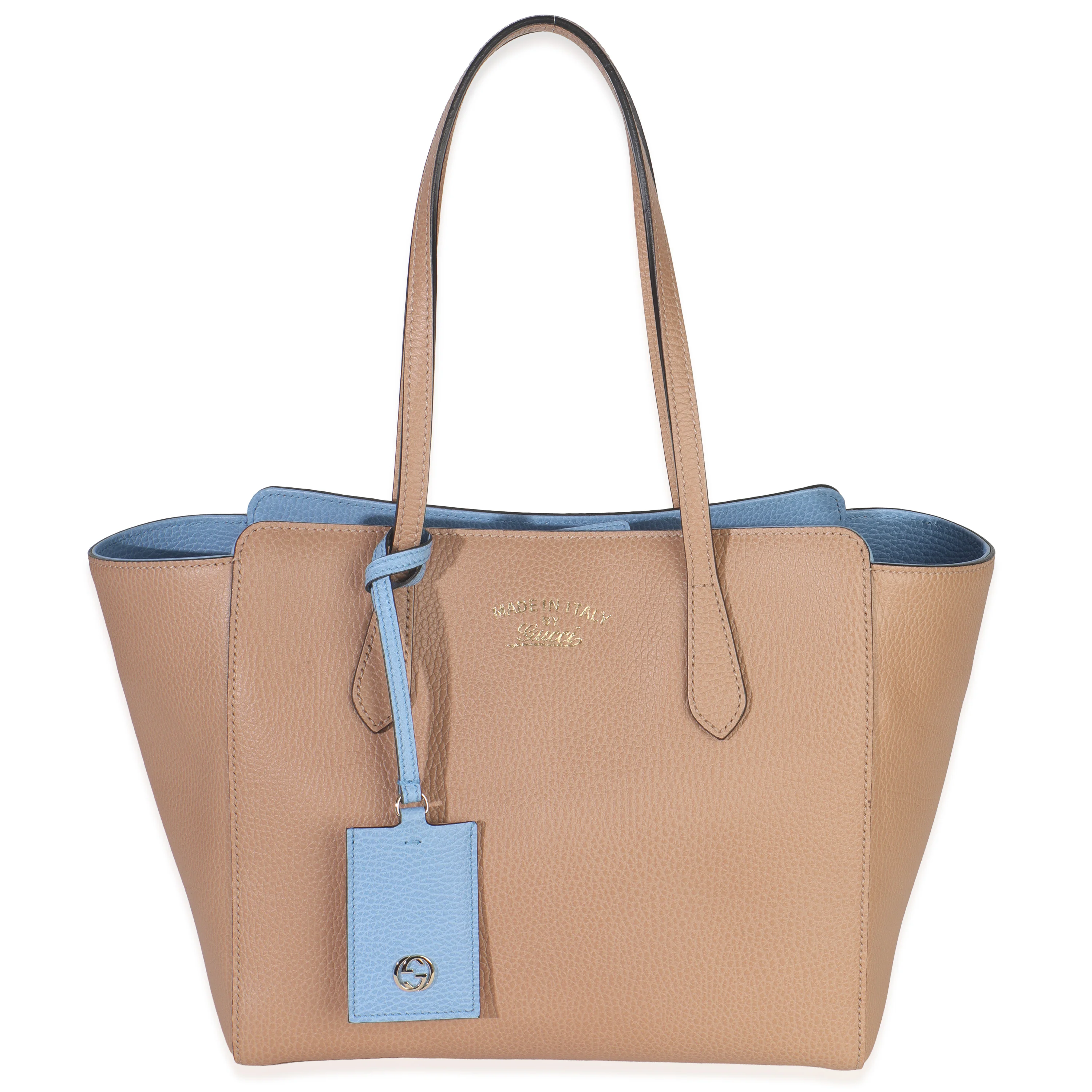 Beige Blue Dollar Calfskin Swing Tote Bag