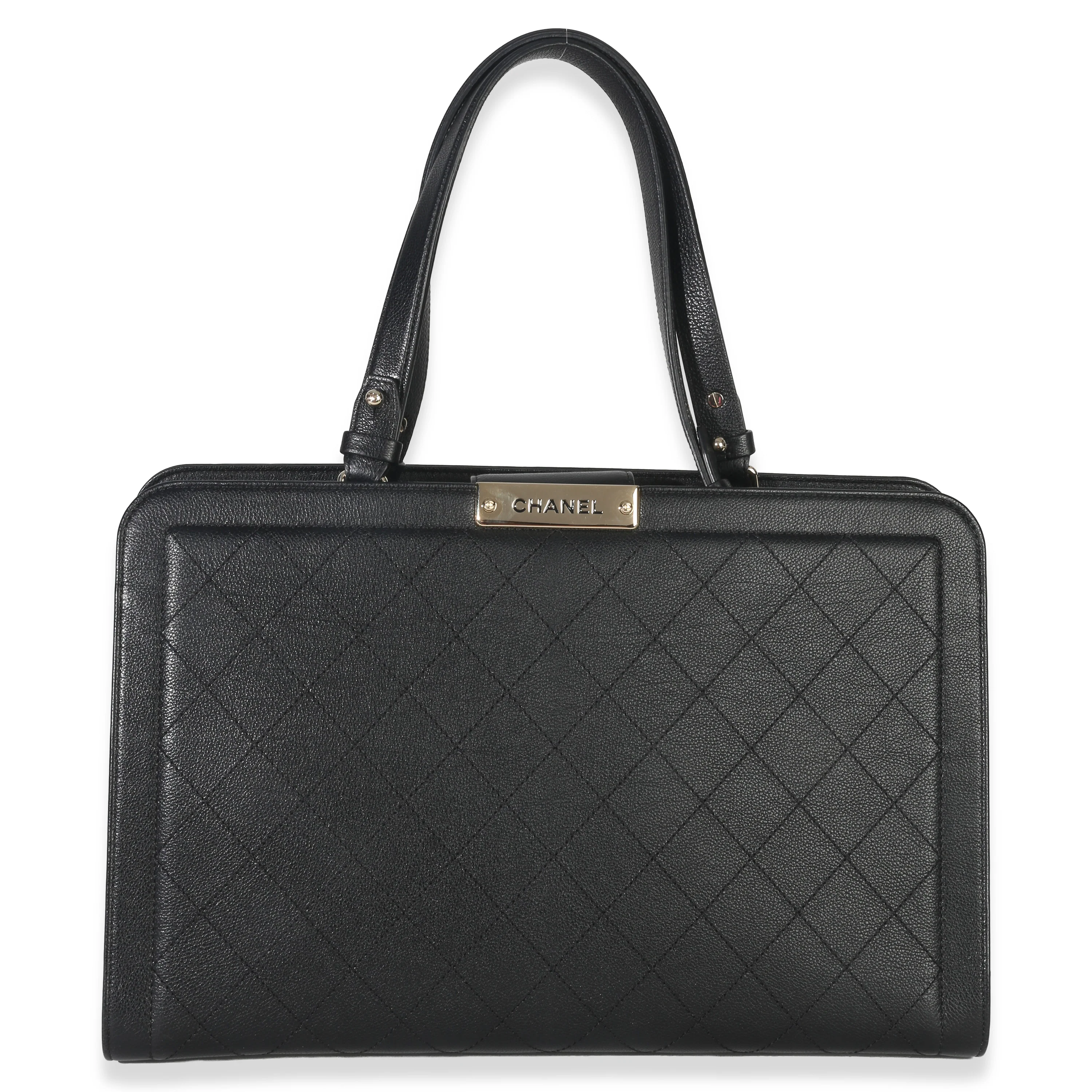 Black Grained Calfskin Stitched Large Label Click Shopper Tote