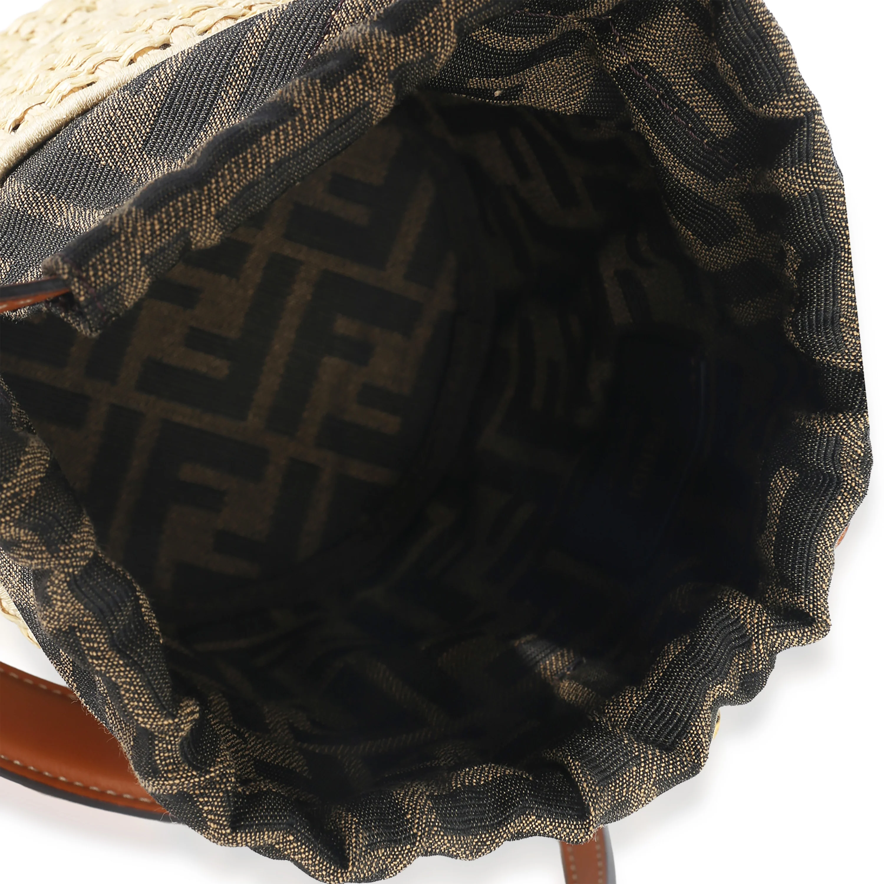 Beige Brown Raffia Zucca Canvas FF Step Out Bucket Bag - Image 10