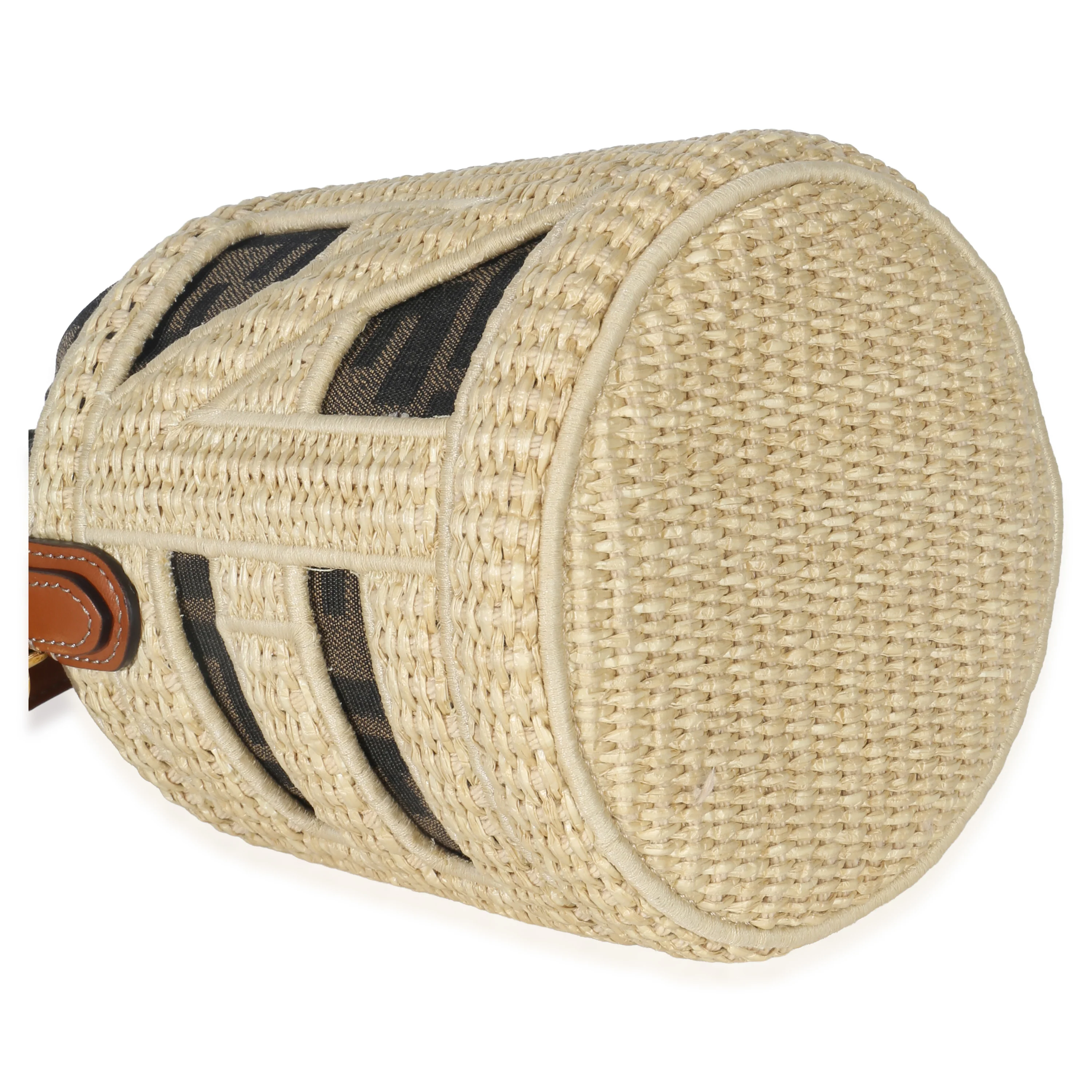 Beige Brown Raffia Zucca Canvas FF Step Out Bucket Bag - Image 8