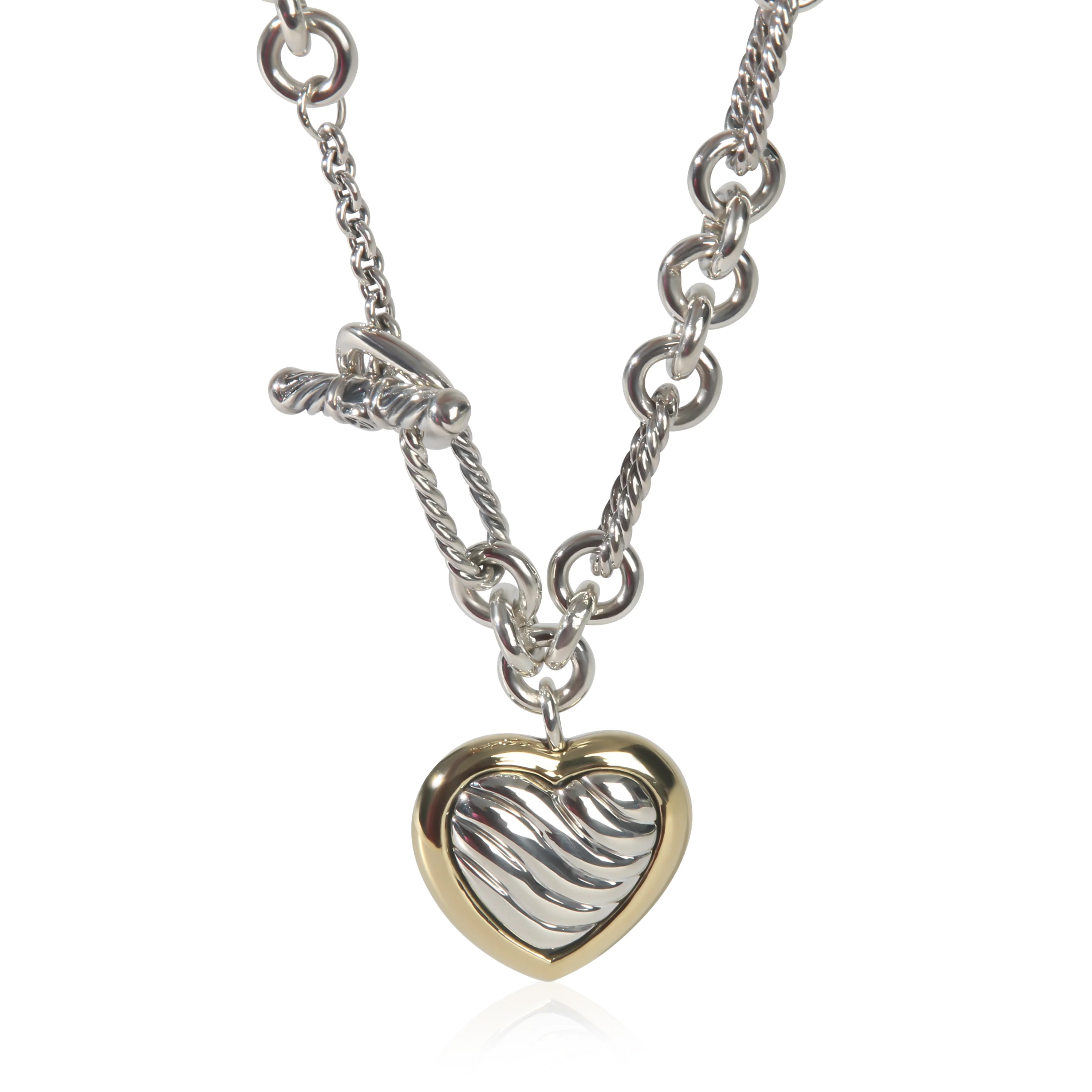 Yellow Gold & Sterling Silver  Figaro Link With Heart Charm Necklac