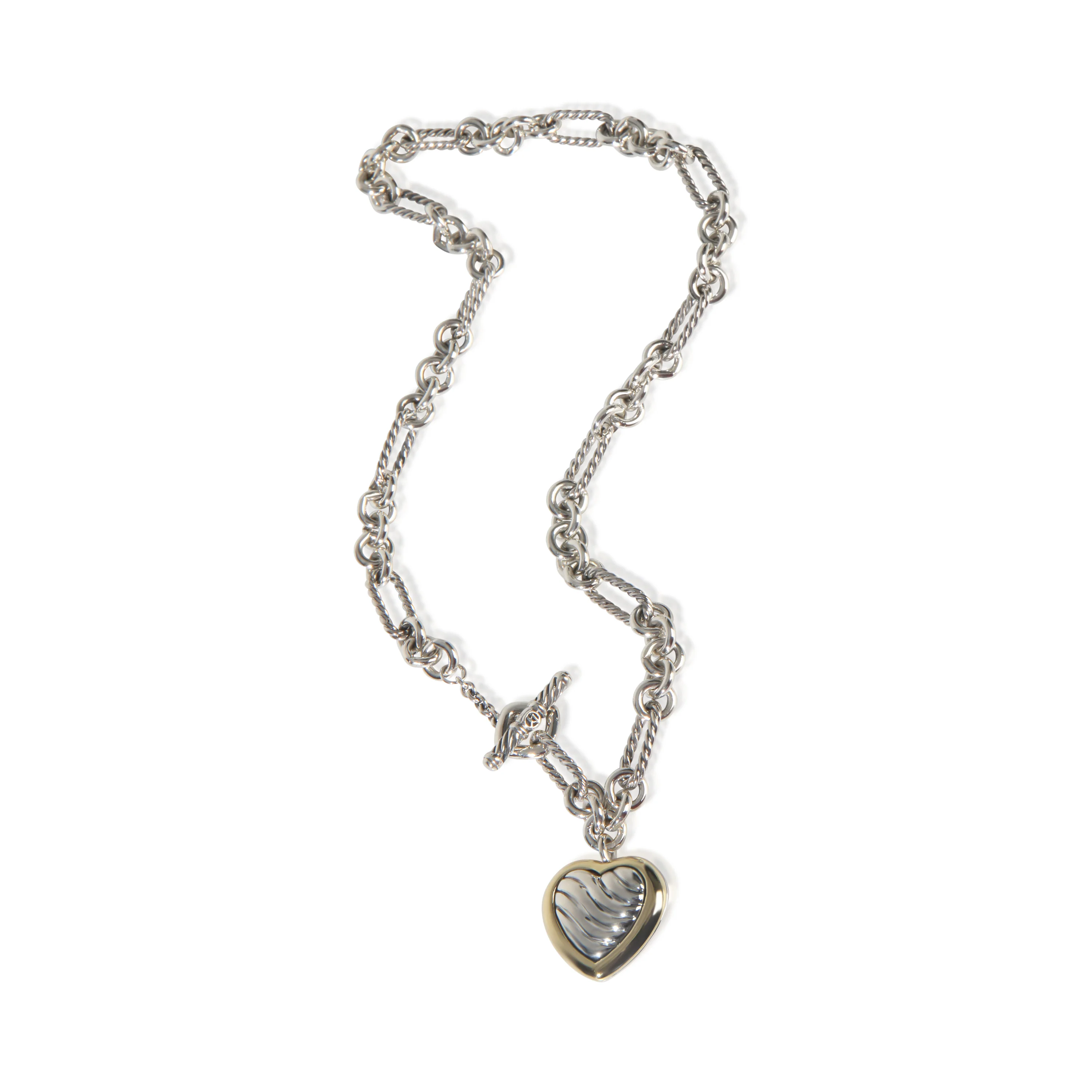 Yellow Gold & Sterling Silver  Figaro Link With Heart Charm Necklac - Image 3