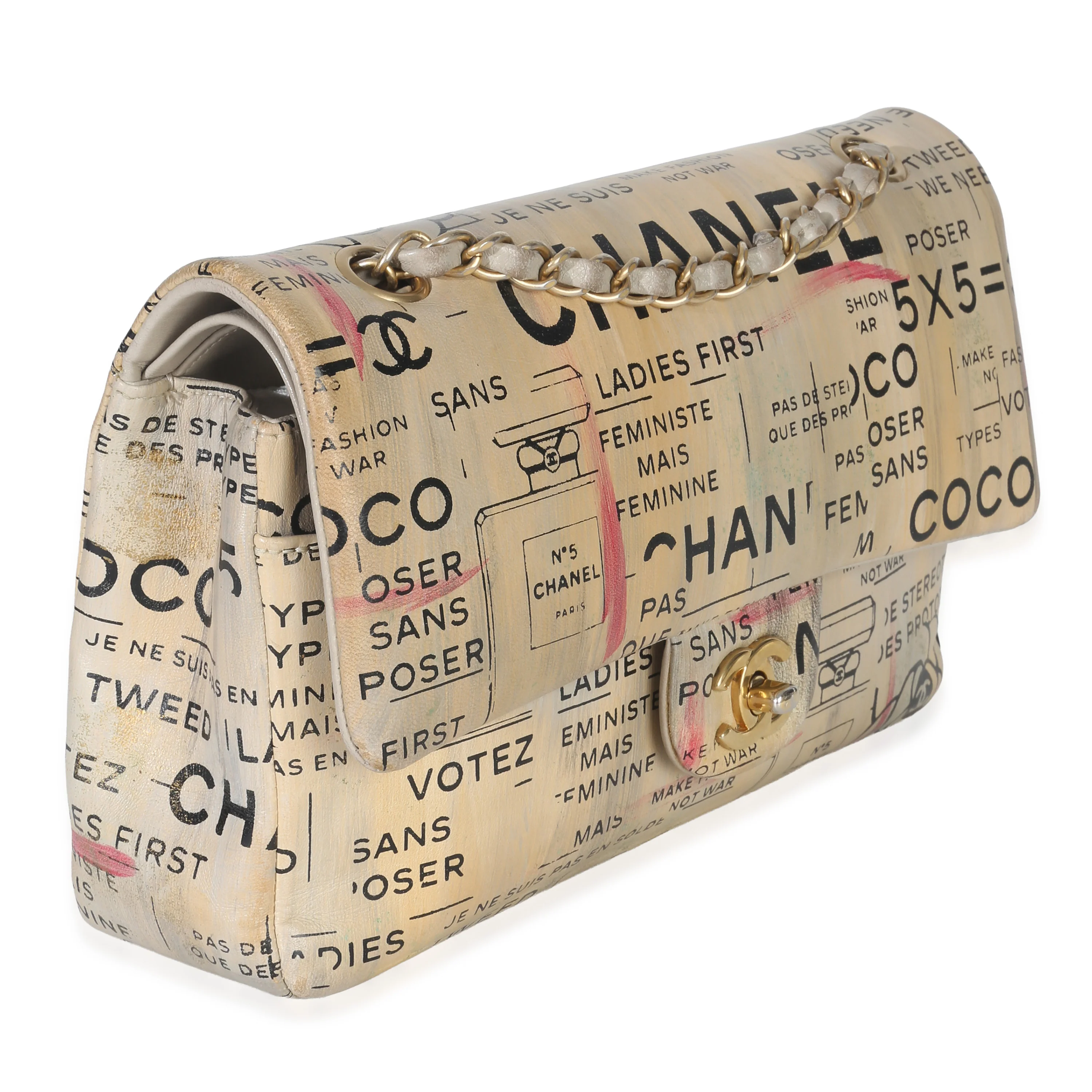Multicolor Newspaper Print Lambskin Medium Double Flap Bag - Image 3