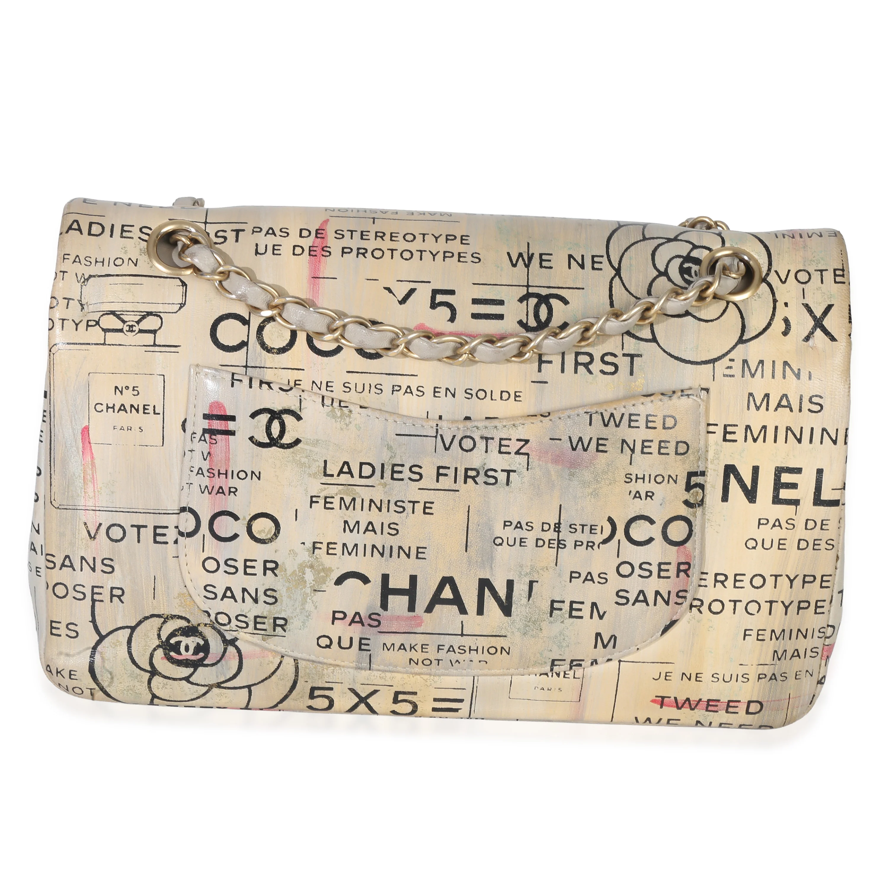 Multicolor Newspaper Print Lambskin Medium Double Flap Bag - Image 4
