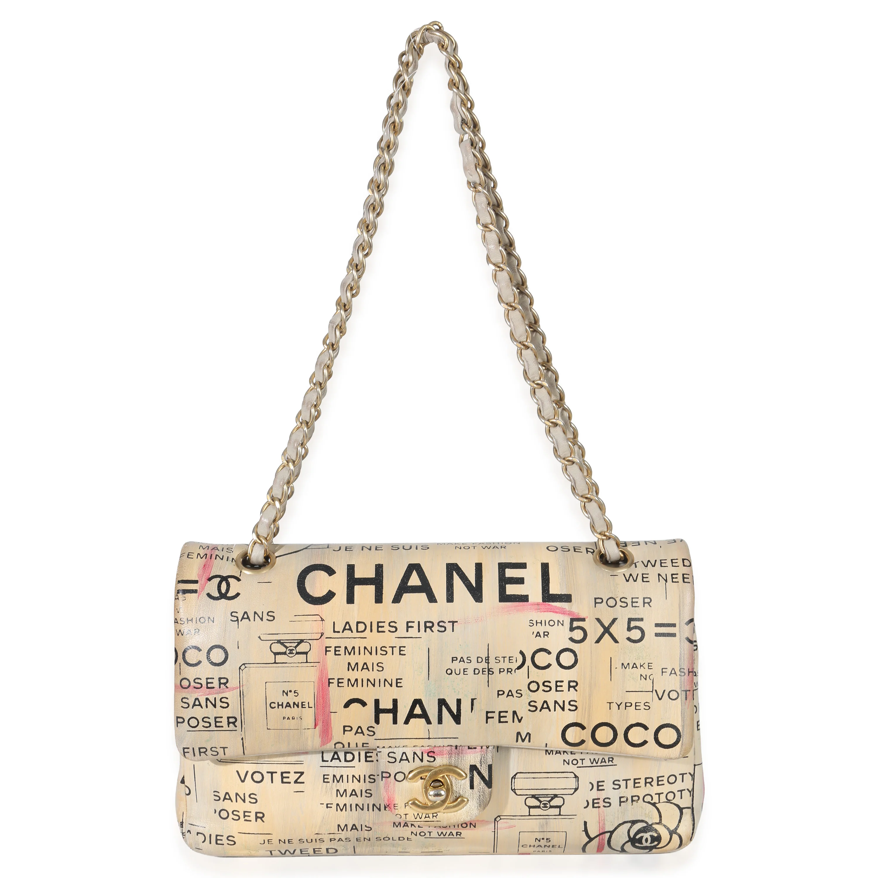 Multicolor Newspaper Print Lambskin Medium Double Flap Bag - Image 8