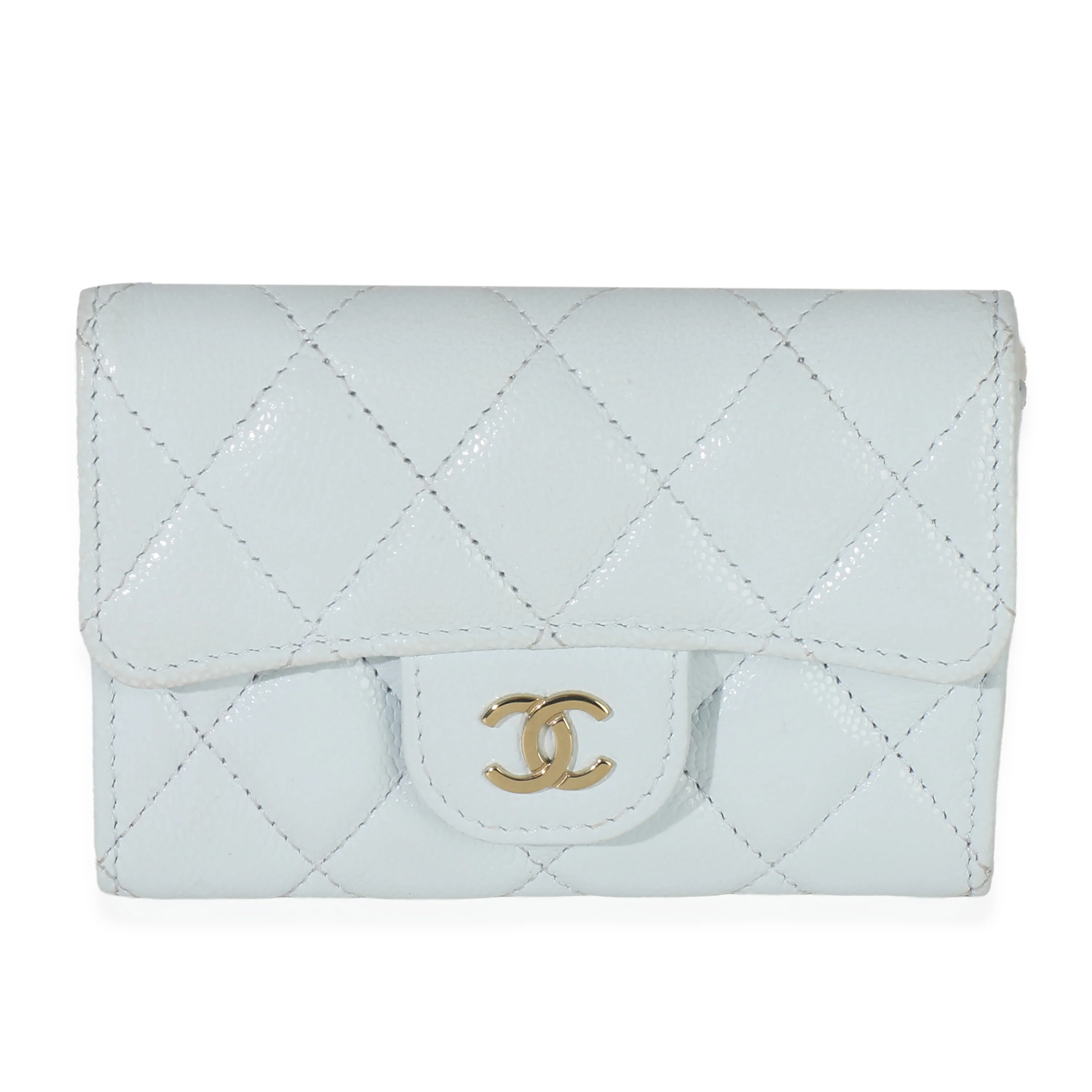 Light Blue Quilted Caviar Flap Card Holder Handbag